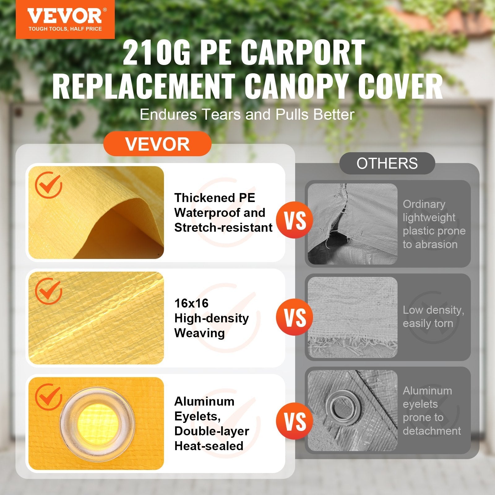VEVOR Carport Replacement Canopy Cover 10 x 20 ft, Garage Top Tent Shelter Tarp Heavy-Duty Waterproof & UV Protected, Easy Installation with Ball Bungees,Beige (Only Top Cover, Frame Not Include) 