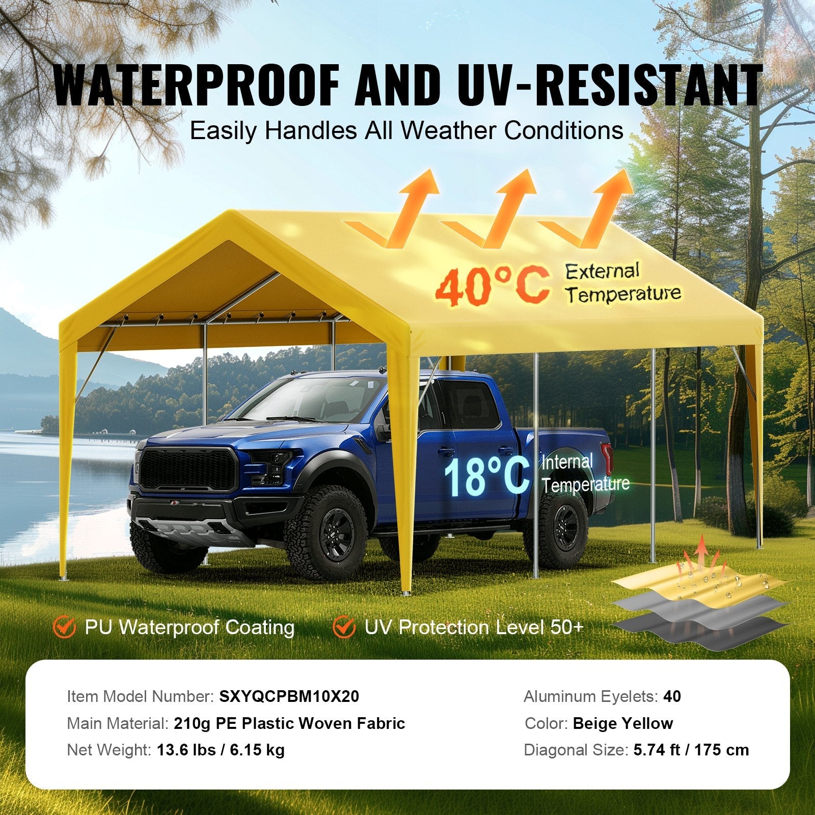 VEVOR Carport Replacement Canopy Cover 10 x 20 ft, Garage Top Tent Shelter Tarp Heavy-Duty Waterproof & UV Protected, Easy Installation with Ball Bungees,Beige (Only Top Cover, Frame Not Include) 