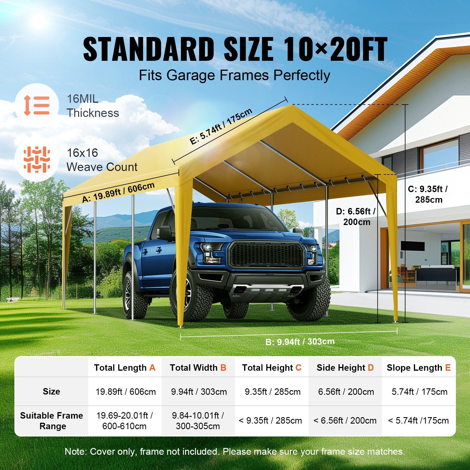 VEVOR Carport Replacement Canopy Cover 10 x 20 ft, Garage Top Tent Shelter Tarp Heavy-Duty Waterproof & UV Protected, Easy Installation with Ball Bungees,Beige (Only Top Cover, Frame Not Include) 