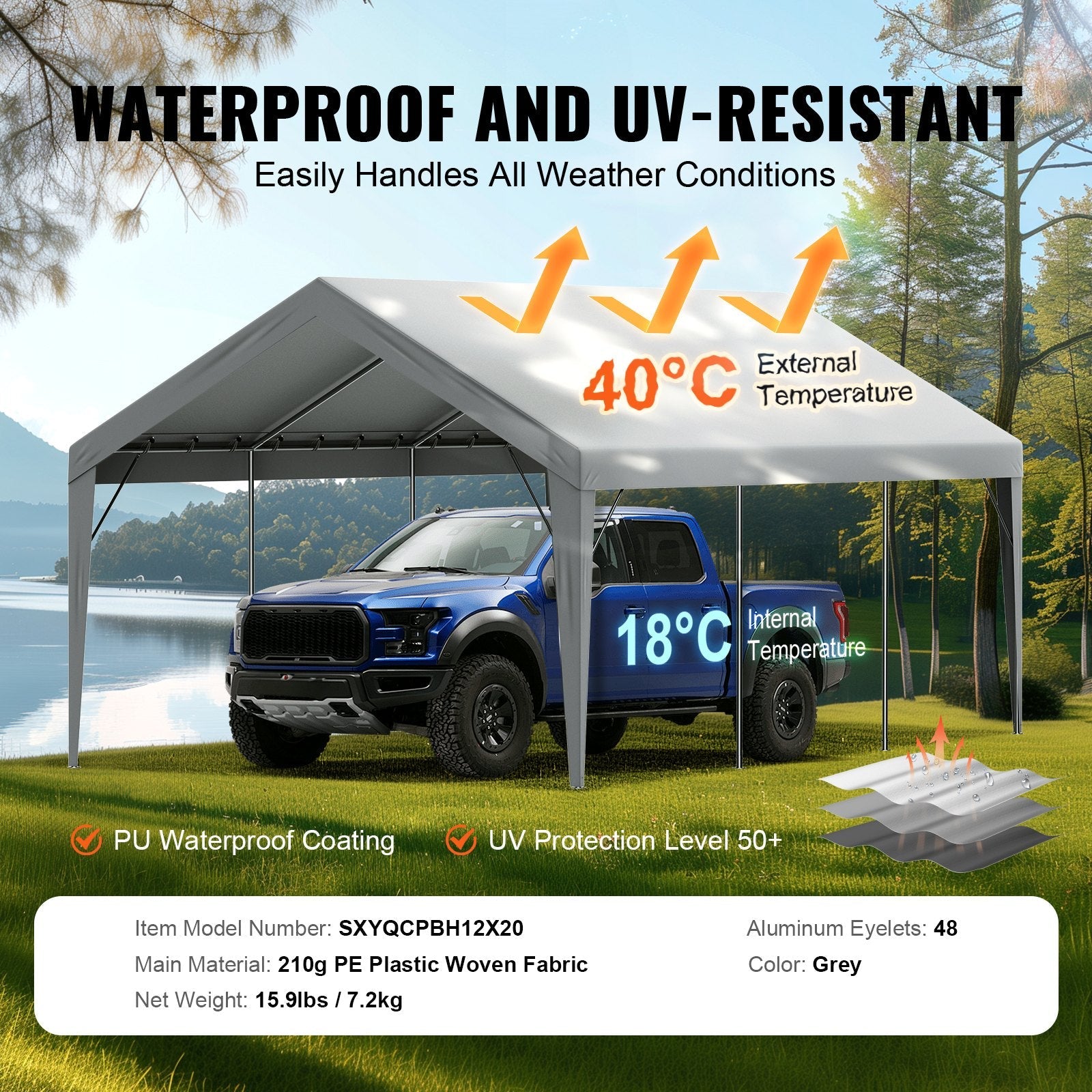 VEVOR Carport Replacement Canopy Cover 12 x 20 ft, Garage Top Tent Shelter Tarp Heavy-Duty Waterproof & UV Protected, Easy Installation with Ball Bungees,Grey (Only Top Cover, Frame Not Include) 