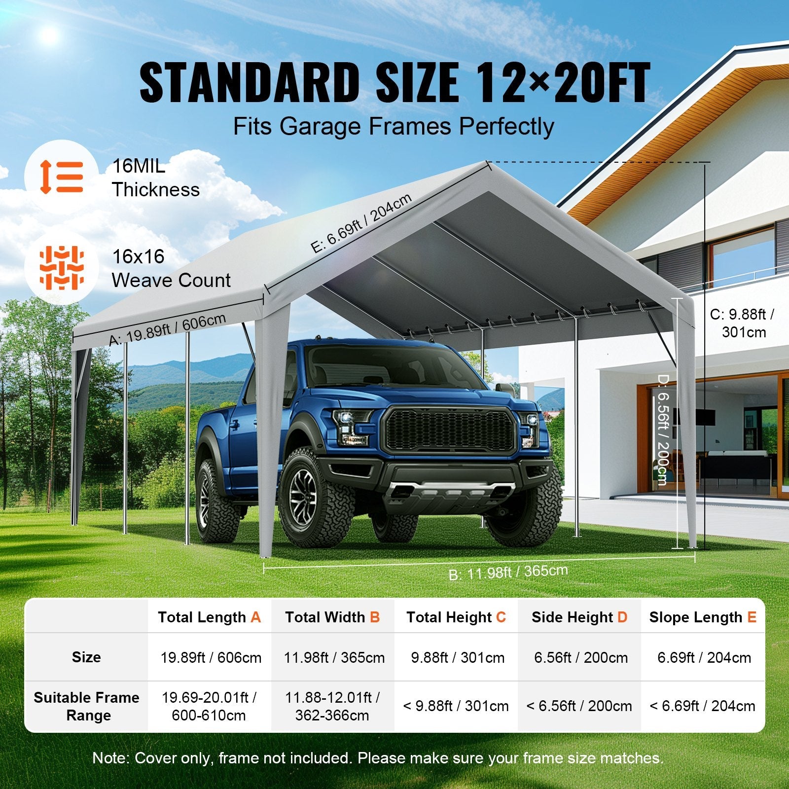 VEVOR Carport Replacement Canopy Cover 12 x 20 ft, Garage Top Tent Shelter Tarp Heavy-Duty Waterproof & UV Protected, Easy Installation with Ball Bungees,Grey (Only Top Cover, Frame Not Include) 