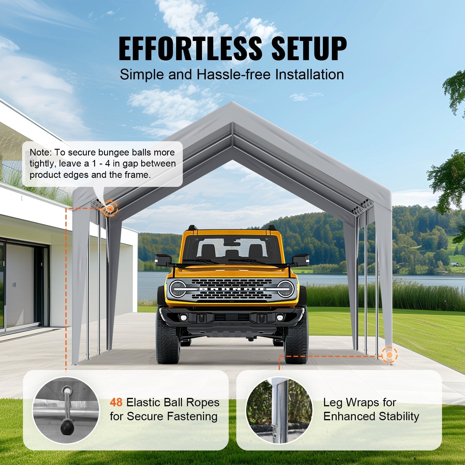 VEVOR Carport Replacement Canopy Cover 12 x 20 ft, Garage Top Tent Shelter Tarp Heavy-Duty Waterproof & UV Protected, Easy Installation with Ball Bungees,Grey (Only Top Cover, Frame Not Include) 