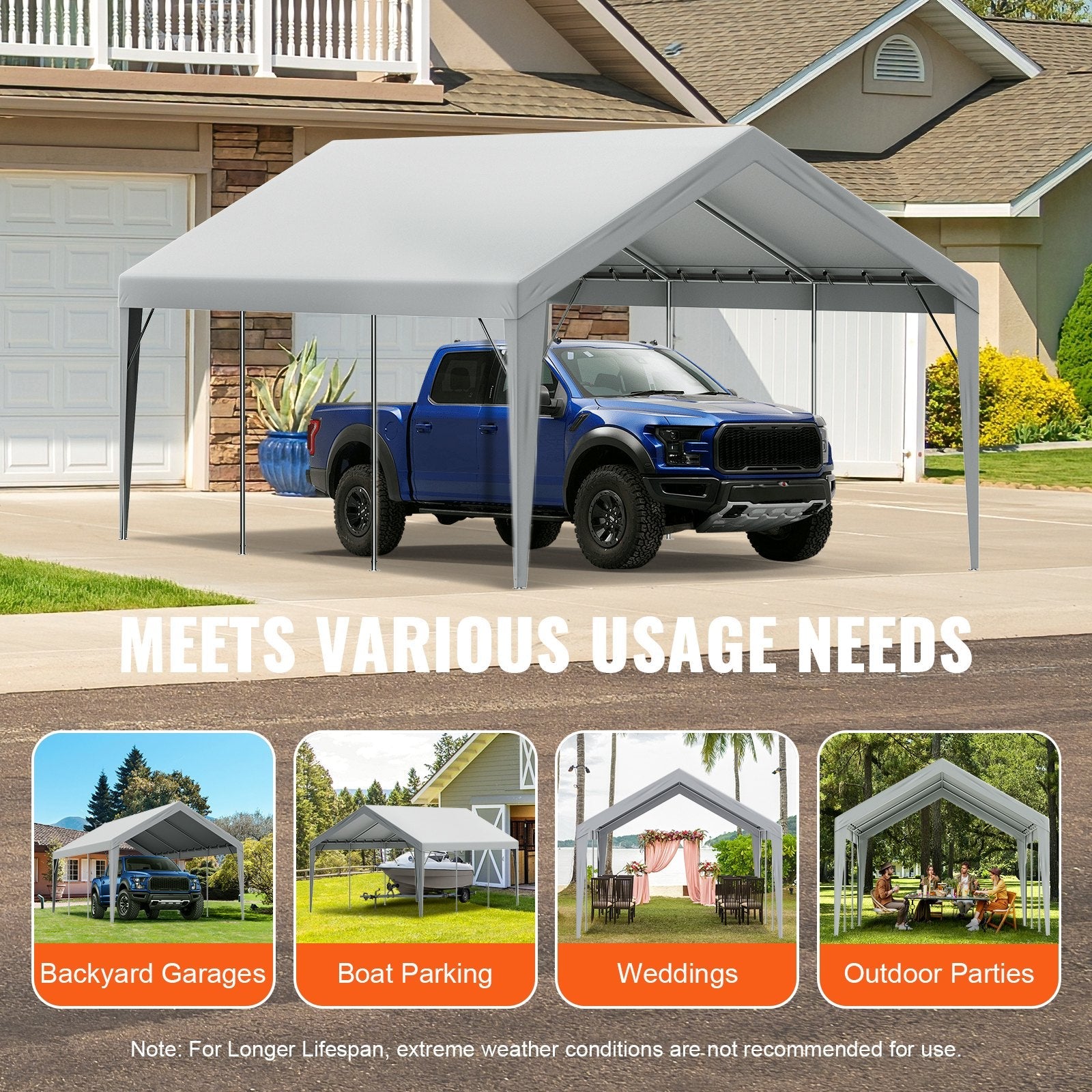 VEVOR Carport Replacement Canopy Cover 12 x 20 ft, Garage Top Tent Shelter Tarp Heavy-Duty Waterproof & UV Protected, Easy Installation with Ball Bungees,Grey (Only Top Cover, Frame Not Include) 