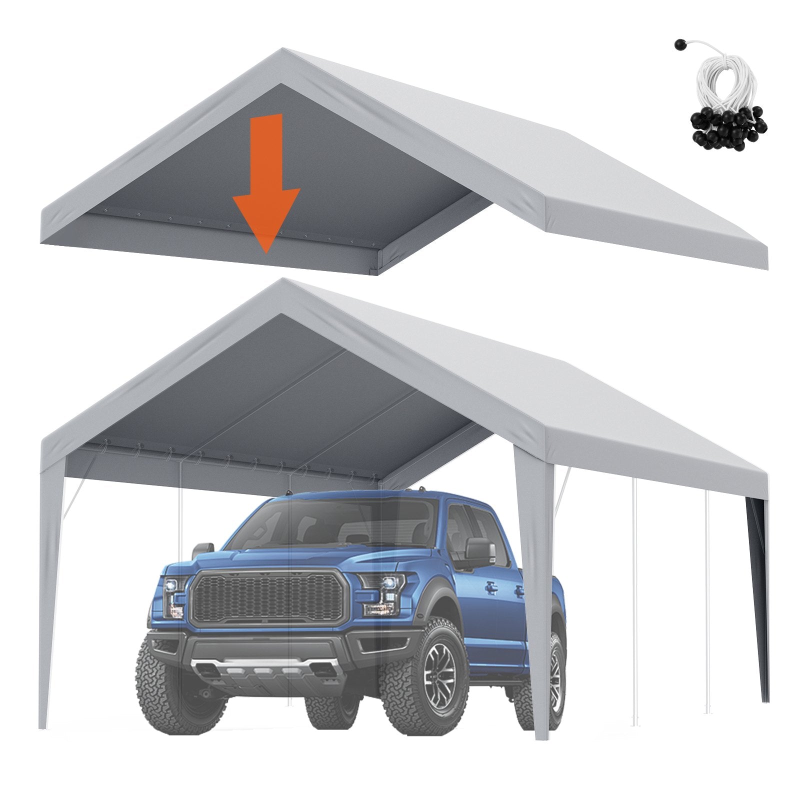 VEVOR Carport Replacement Canopy Cover 12 x 20 ft, Garage Top Tent Shelter Tarp Heavy-Duty Waterproof & UV Protected, Easy Installation with Ball Bungees,Grey (Only Top Cover, Frame Not Include) 