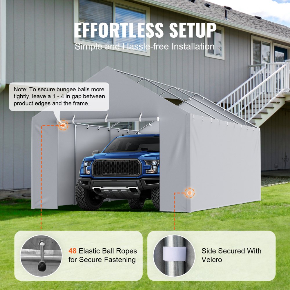 VEVOR Carport Replacement Canopy Cover Side Wall 12 x 20 ft, Garage Tent Shelter Tarp Heavy-Duty Waterproof & UV Protected, Easy Installation with Ball Bungees,Grey (Top and Frame Not Included) 