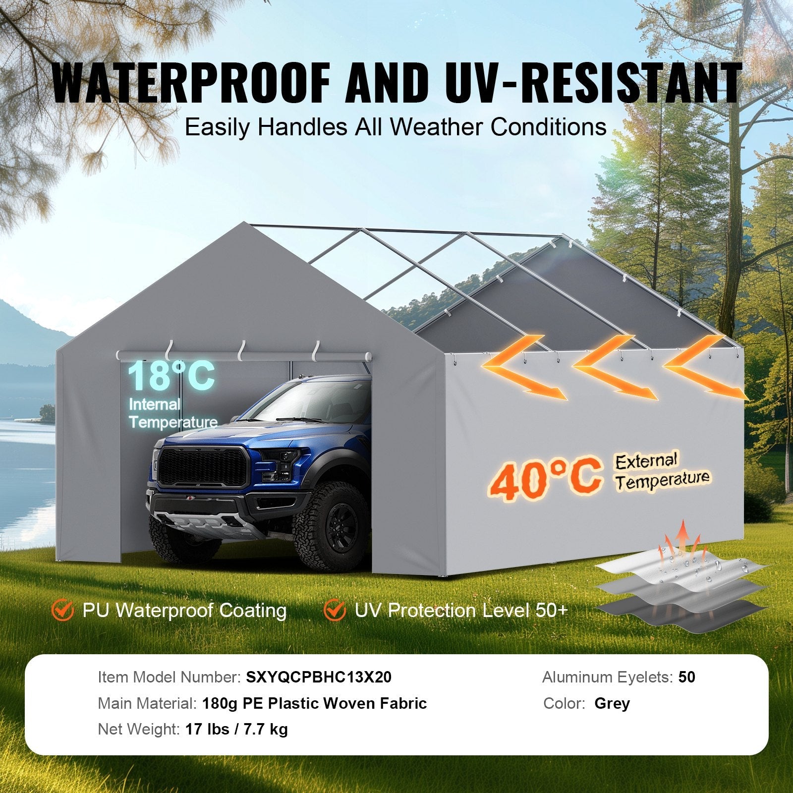 VEVOR Carport Replacement Canopy Cover Side Wall 13 x 20 ft, Garage Tent Shelter Tarp Heavy-Duty Waterproof & UV Protected, Easy Installation with Ball Bungees,Grey (Top and Frame Not Included) 