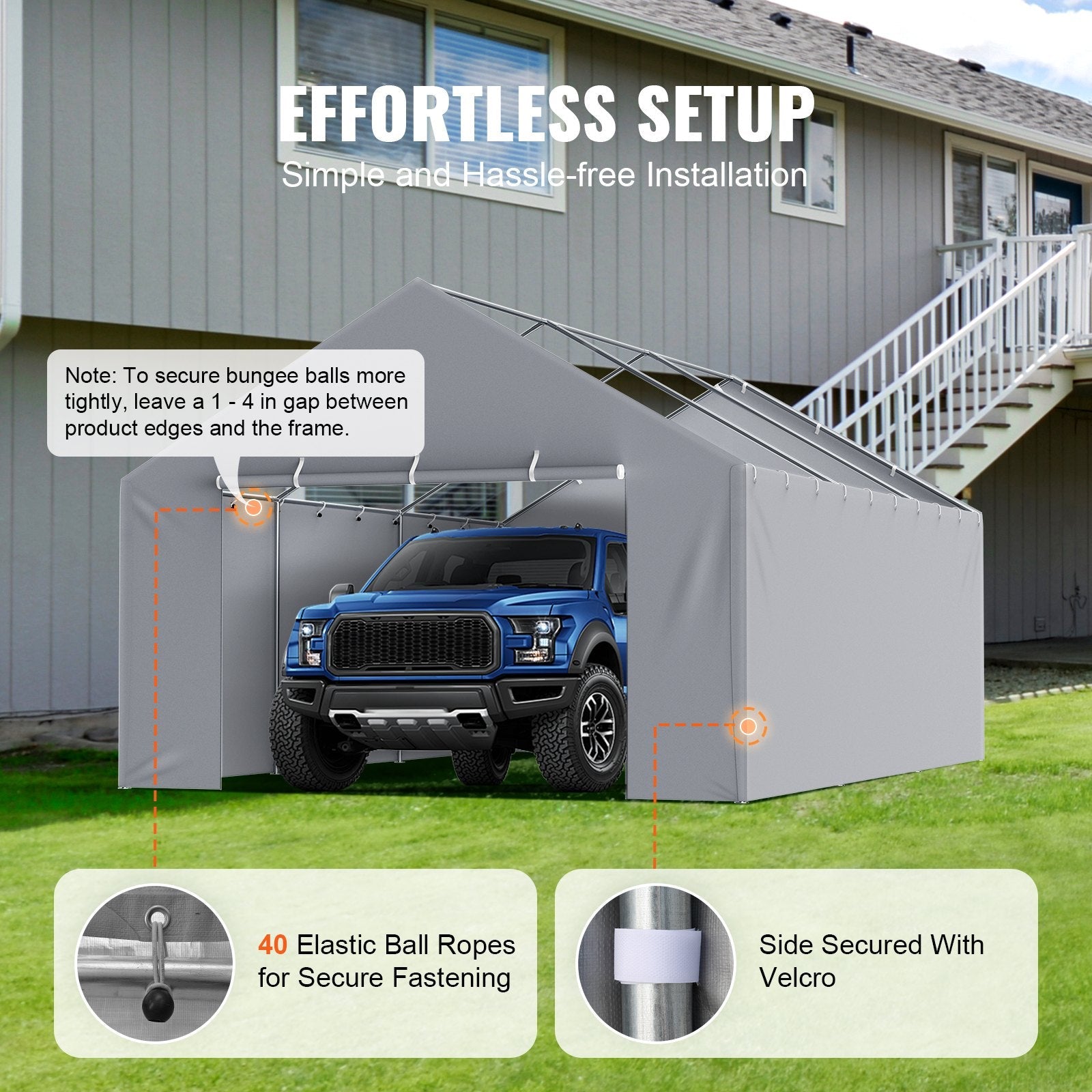 VEVOR Carport Replacement Canopy Cover Side Wall 13 x 20 ft, Garage Tent Shelter Tarp Heavy-Duty Waterproof & UV Protected, Easy Installation with Ball Bungees,Grey (Top and Frame Not Included) 