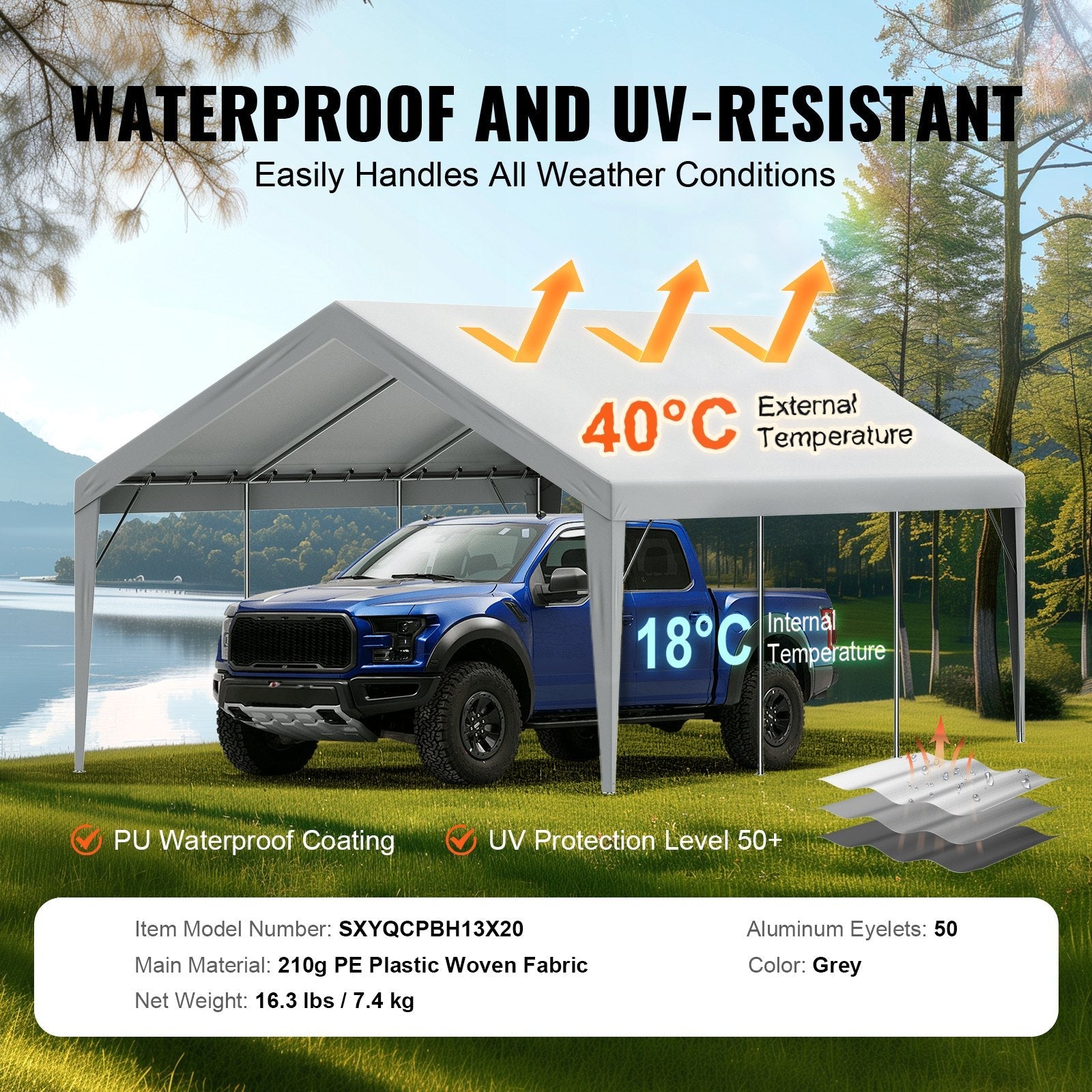 VEVOR Carport Replacement Canopy Cover 13 x 20 ft, Garage Top Tent Shelter Tarp Heavy-Duty Waterproof & UV Protected, Easy Installation with Ball Bungees,Grey (Only Top Cover, Frame Not Include) 