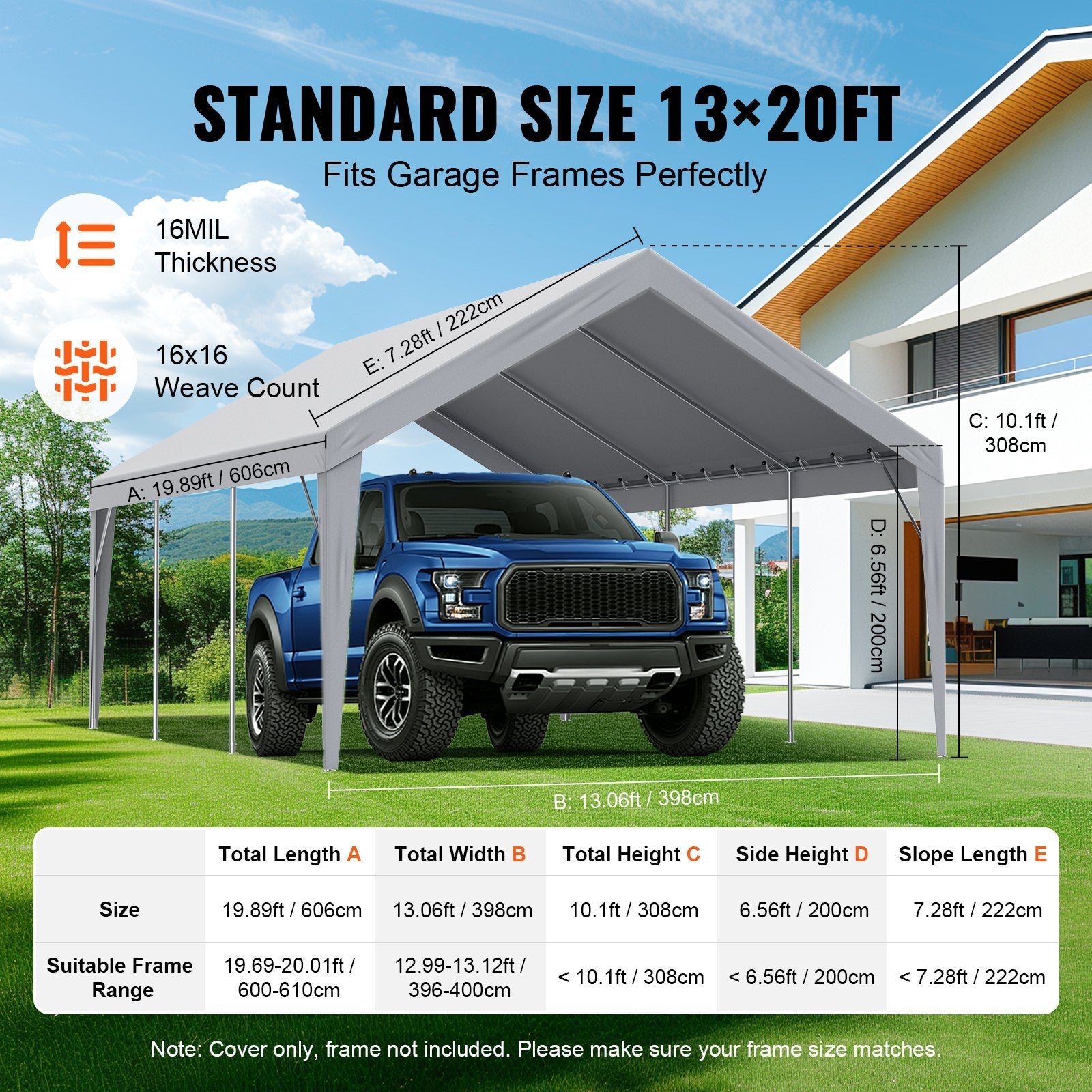VEVOR Carport Replacement Canopy Cover 13 x 20 ft, Garage Top Tent Shelter Tarp Heavy-Duty Waterproof & UV Protected, Easy Installation with Ball Bungees,Grey (Only Top Cover, Frame Not Include) 