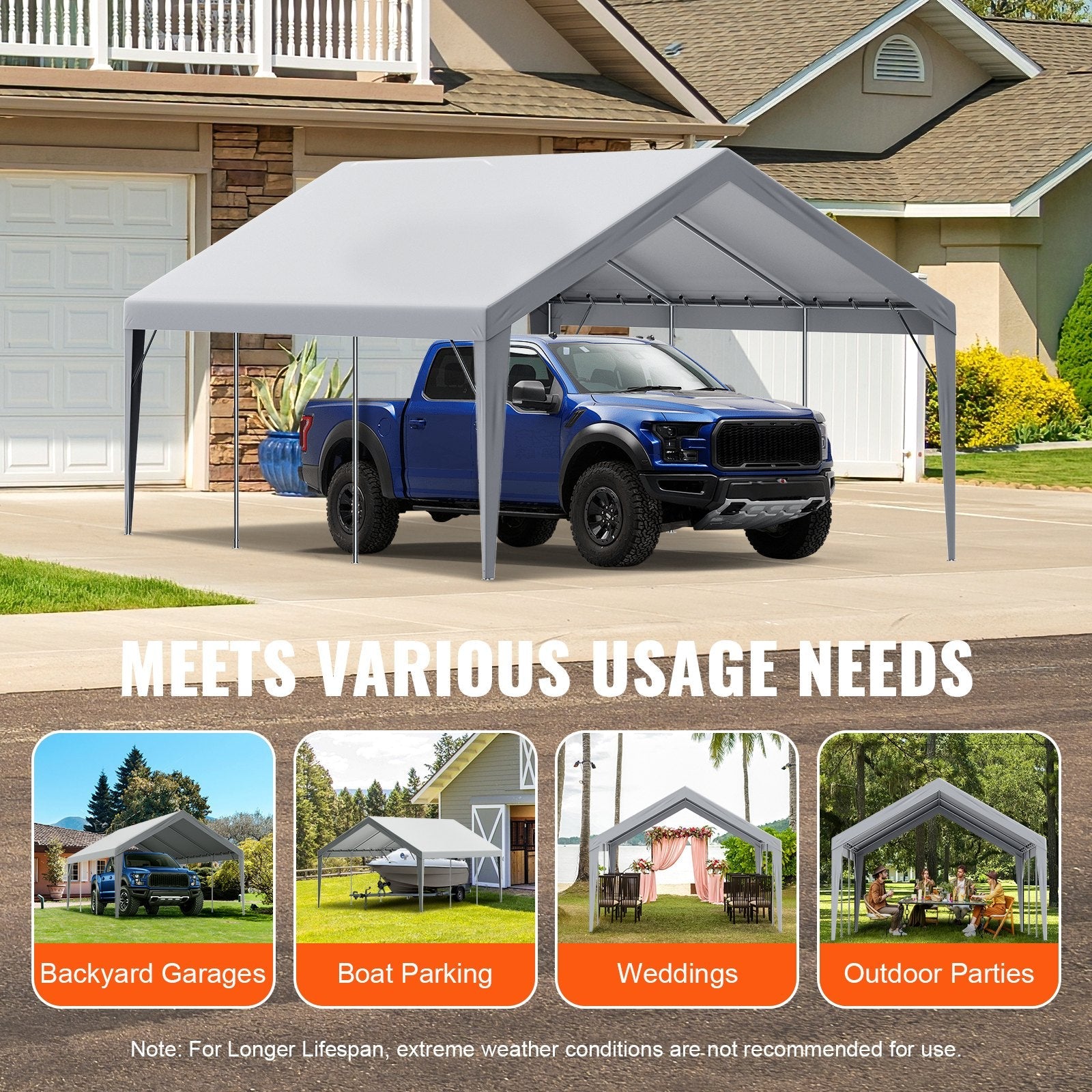 VEVOR Carport Replacement Canopy Cover 13 x 20 ft, Garage Top Tent Shelter Tarp Heavy-Duty Waterproof & UV Protected, Easy Installation with Ball Bungees,Grey (Only Top Cover, Frame Not Include) 