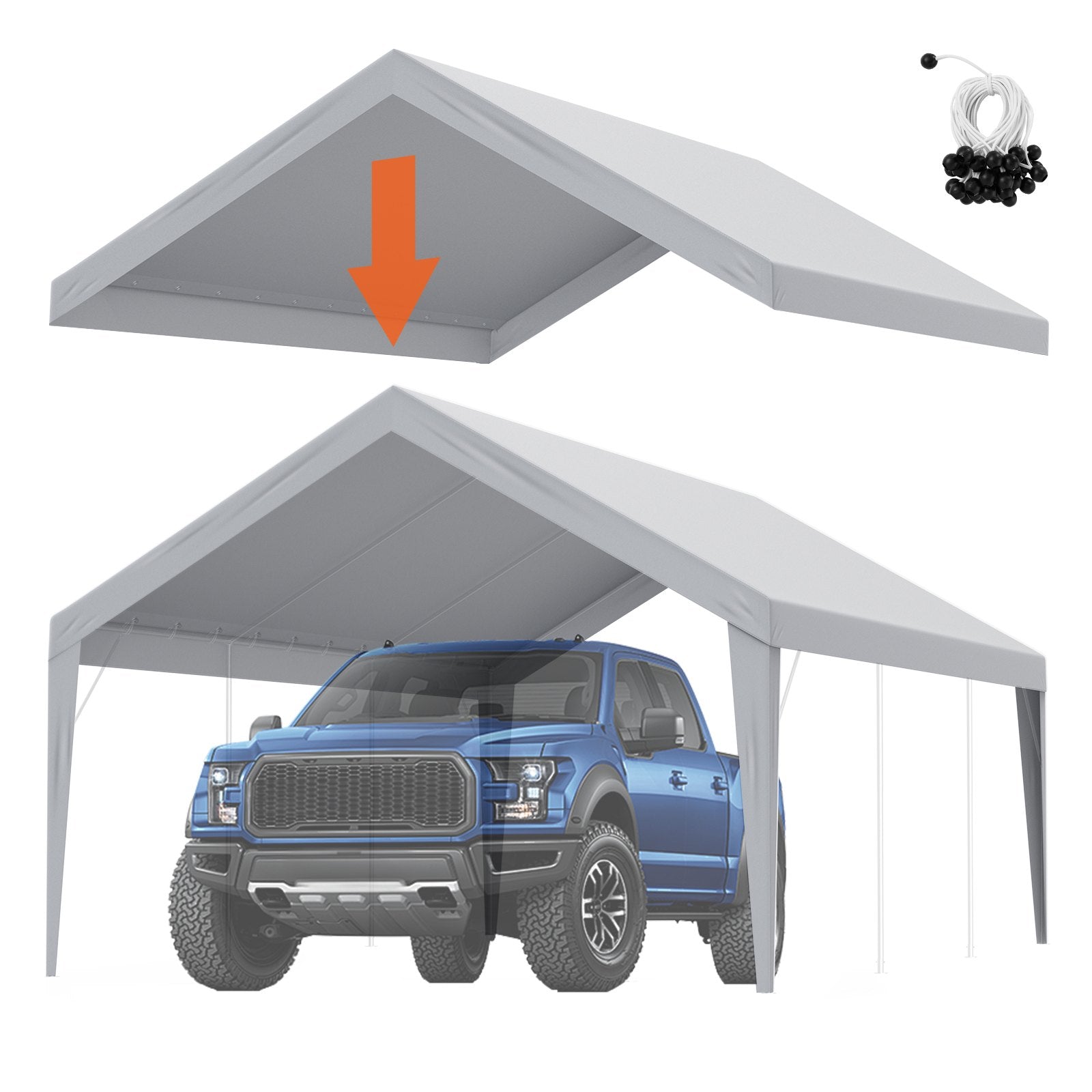VEVOR Carport Replacement Canopy Cover 13 x 20 ft, Garage Top Tent Shelter Tarp Heavy-Duty Waterproof & UV Protected, Easy Installation with Ball Bungees,Grey (Only Top Cover, Frame Not Include) 