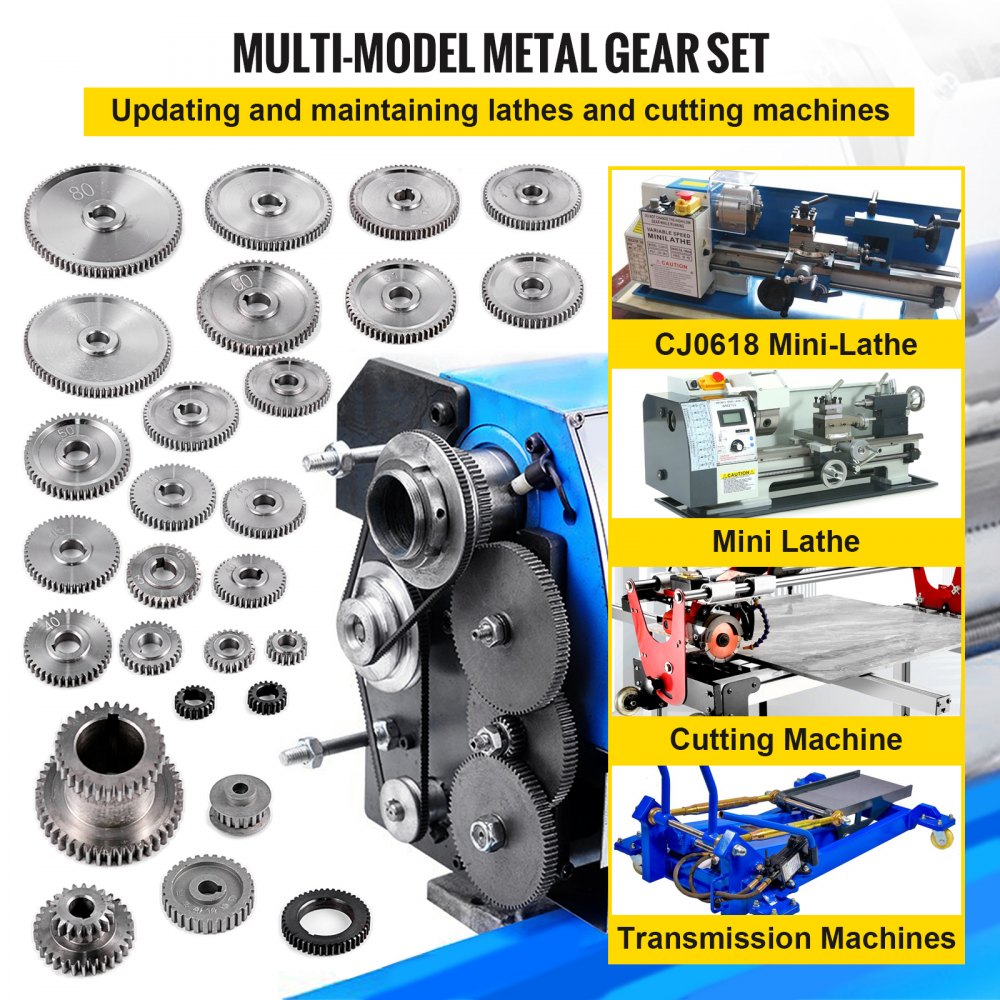VEVOR 27PCS Metal Lathe Gears, Precise Mini Lathe Replacement Gears including Box Gear Set, Slotless Gears, Metal Motor Gears, Variable Gears, Belt Gear for CJ0618 Mini Lathes & Milling Machines 