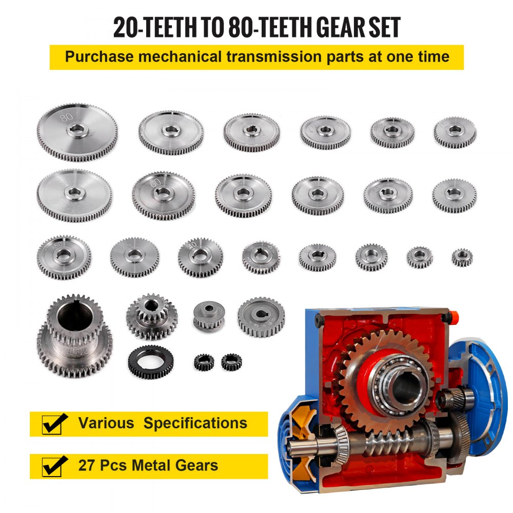 VEVOR 27PCS Metal Lathe Gears, Precise Mini Lathe Replacement Gears including Box Gear Set, Slotless Gears, Metal Motor Gears, Variable Gears, Belt Gear for CJ0618 Mini Lathes & Milling Machines 
