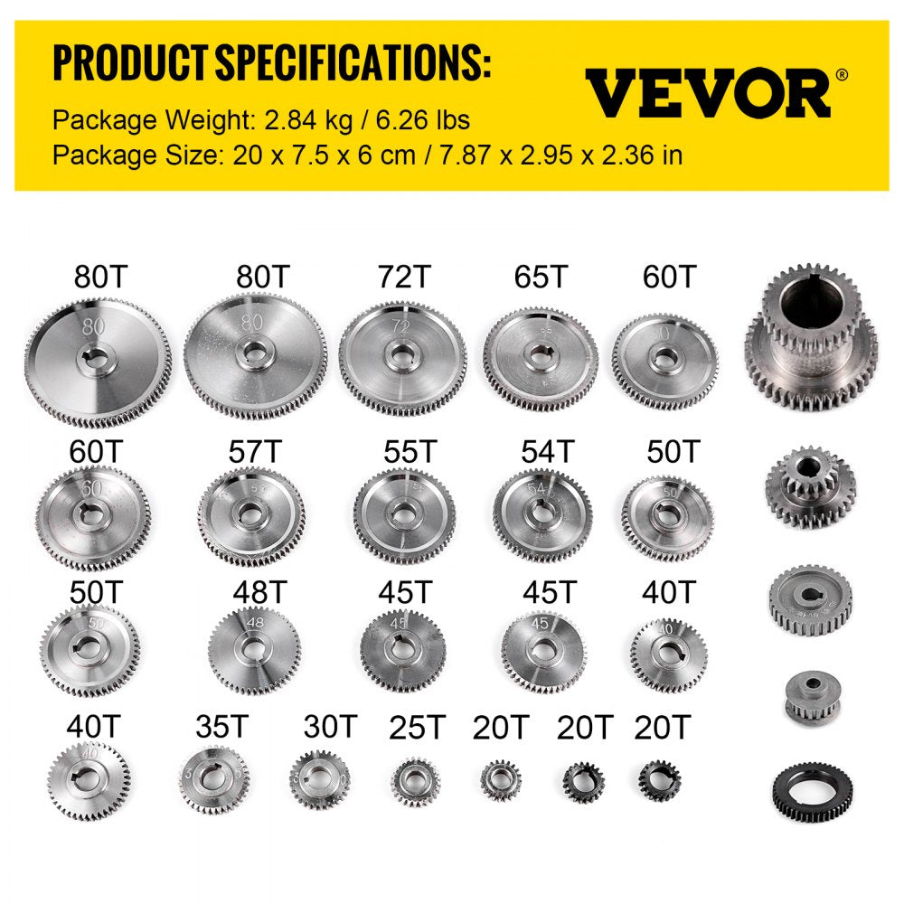 VEVOR 27PCS Metal Lathe Gears, Precise Mini Lathe Replacement Gears including Box Gear Set, Slotless Gears, Metal Motor Gears, Variable Gears, Belt Gear for CJ0618 Mini Lathes & Milling Machines 