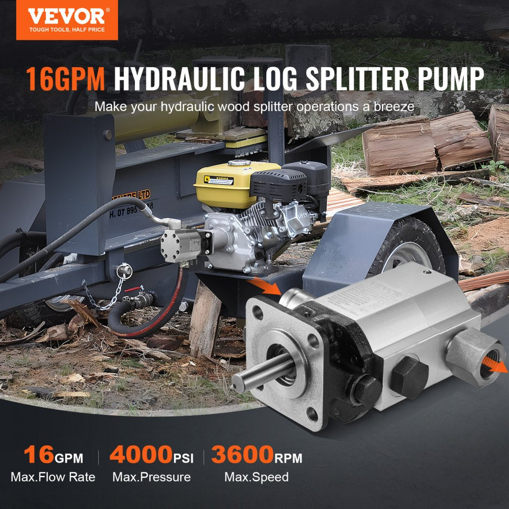 VEVOR Hydraulic Log Splitter Pump, 16GPM, 2 Stage 4000PSI Wood Log Splitter Pump, 1'' Inlet 1/2'' NPT Outlet 3600 RPM Aluminum Hydraulic Gear Pump, for Small Engine Mounting Log Splitters Snowplow 