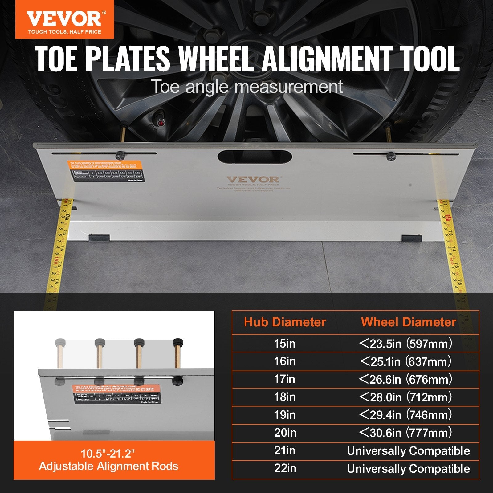 VEVOR Wheel Alignment Tool, 2-Pack Alignment Tool Toe Plates, Stainless Steel Toe Angle Measurement Tool Plate, 4 Alignment Rods and Magnetic Slots, Includes Measuring Tapes & Conversion Chart 