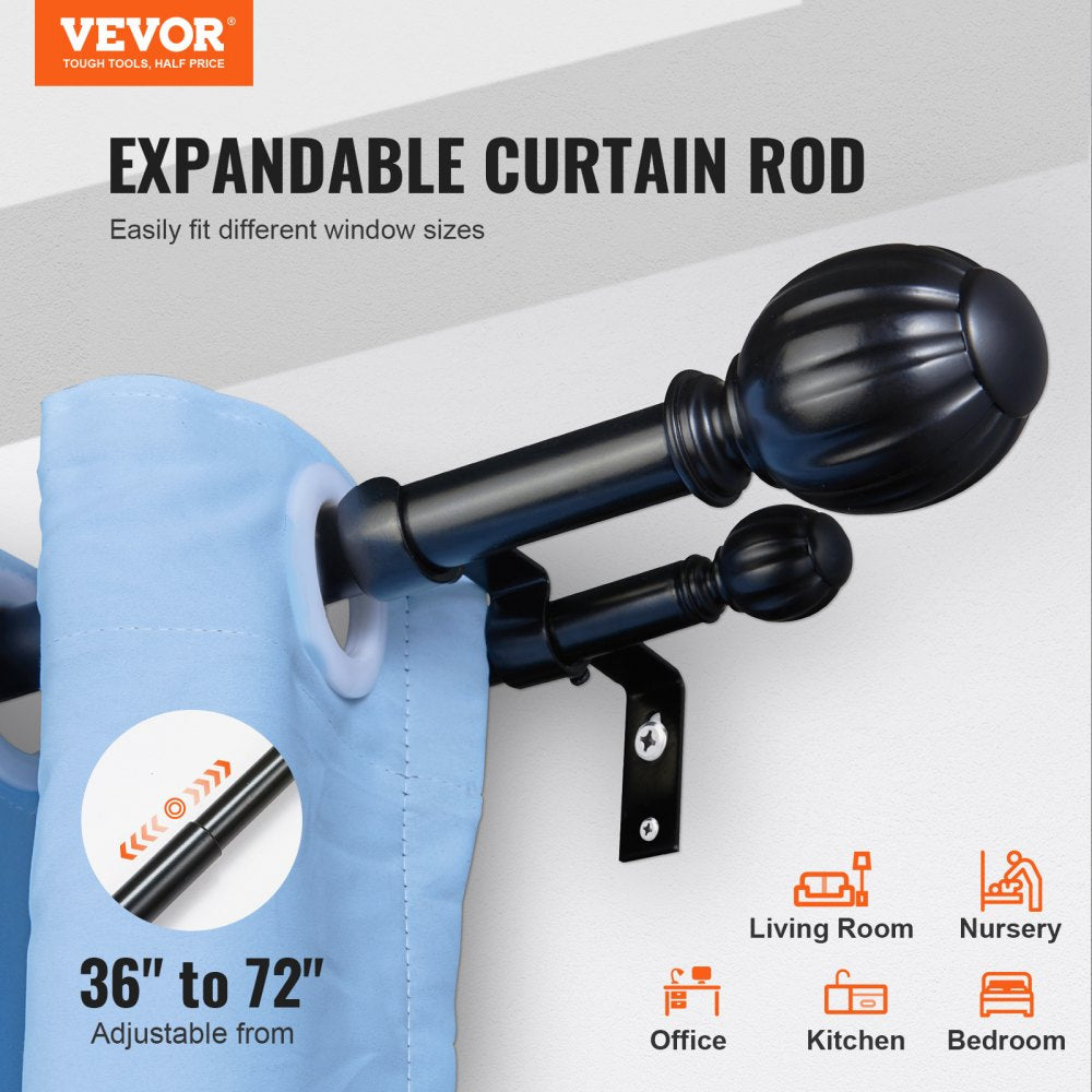 VEVOR Double Rod Curtain Rods, 36-72 inches(3-6ft) Adjustable Length, Black Double Curtain Rods with Round Finials, 1" and 3/4" Diameter, Double Window Drapery Rod for Sheer and Blackout Curtains 