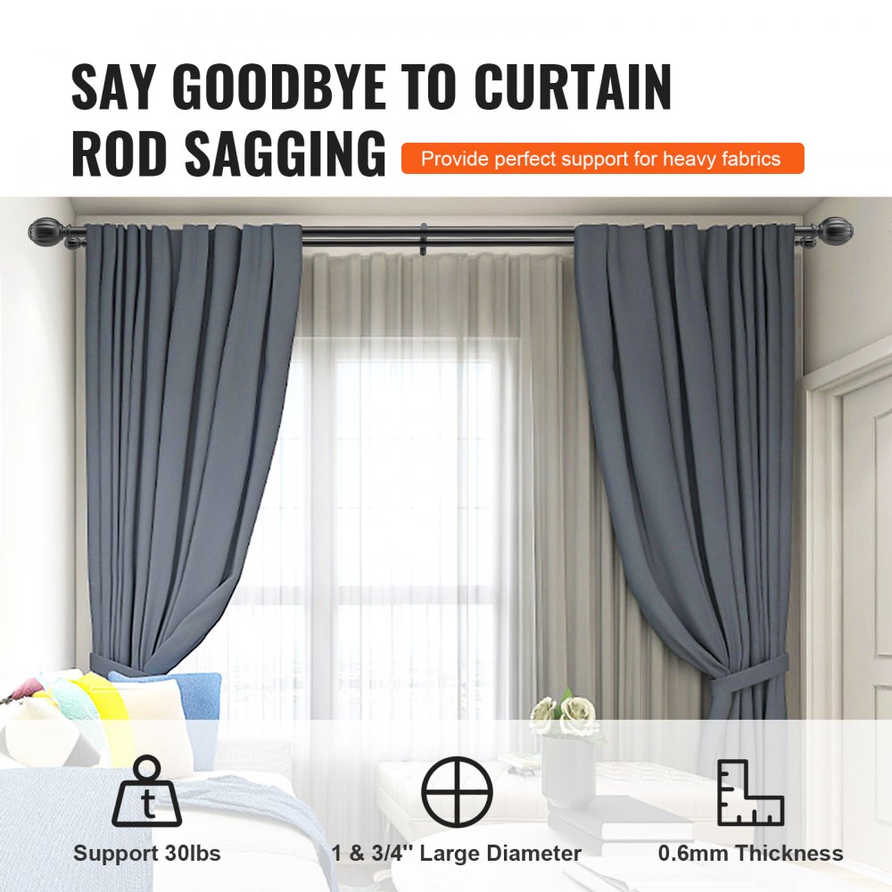 VEVOR Double Rod Curtain Rods, 36-72 inches(3-6ft) Adjustable Length, Black Double Curtain Rods with Round Finials, 1" and 3/4" Diameter, Double Window Drapery Rod for Sheer and Blackout Curtains 