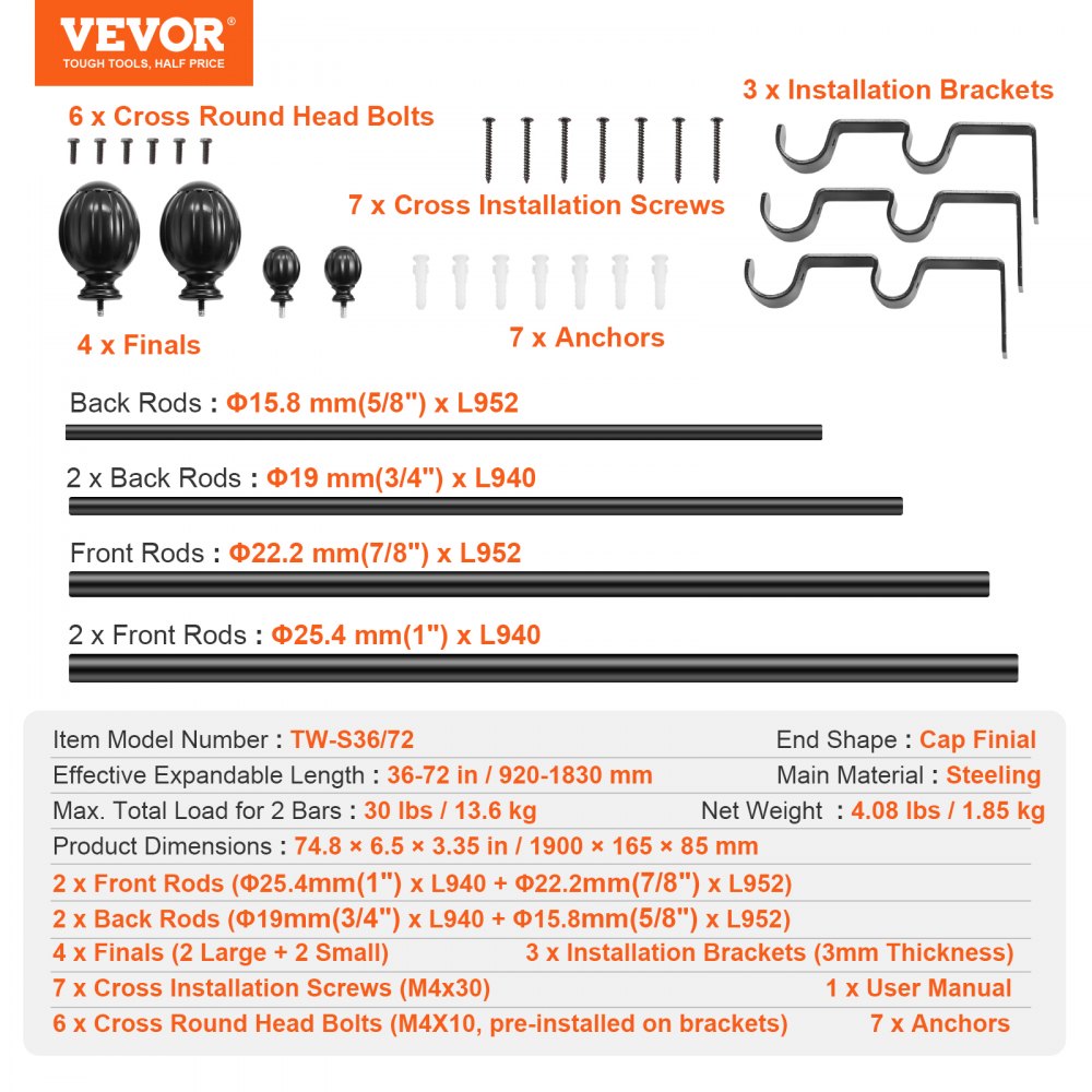 VEVOR Double Rod Curtain Rods, 36-72 inches(3-6ft) Adjustable Length, Black Double Curtain Rods with Round Finials, 1" and 3/4" Diameter, Double Window Drapery Rod for Sheer and Blackout Curtains 