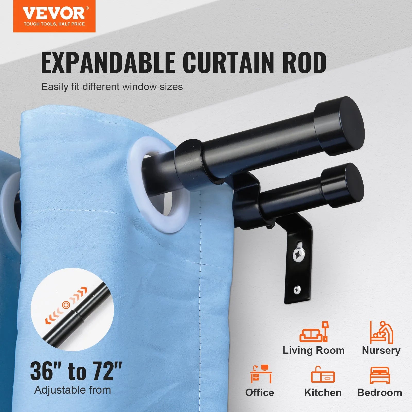 VEVOR Double Rod Curtain Rods, 36-72 inches(3-6ft) Adjustable Length, Black Double Curtain Rods with Cap Finials, 1" and 3/4" Diameter, Double Window Drapery Rod for Sheer and Blackout Curtains
