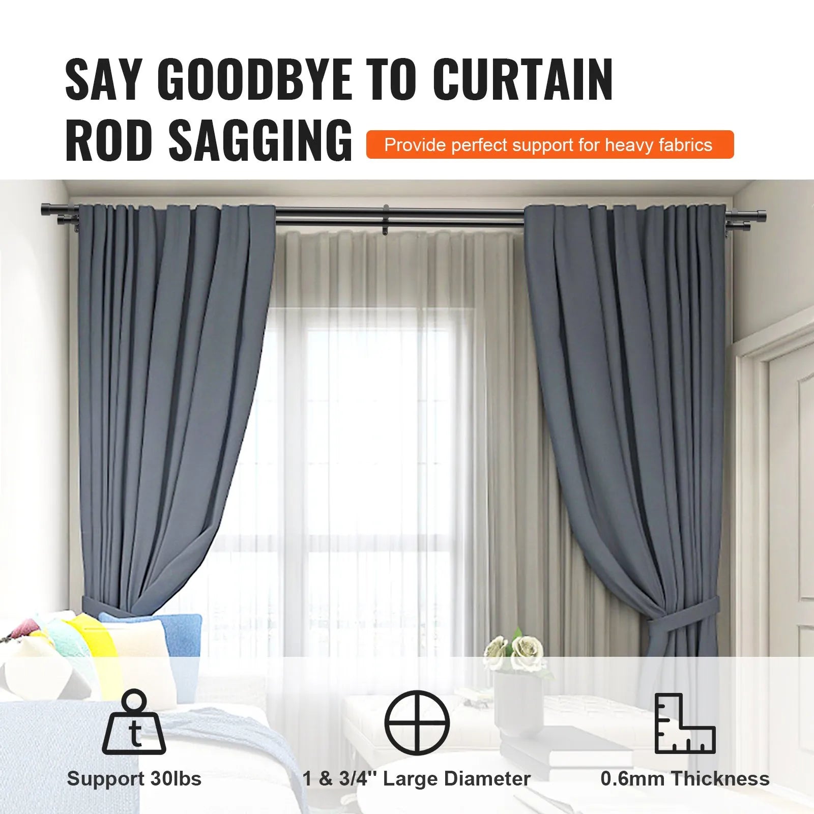 VEVOR Double Rod Curtain Rods, 36-72 inches(3-6ft) Adjustable Length, Black Double Curtain Rods with Cap Finials, 1" and 3/4" Diameter, Double Window Drapery Rod for Sheer and Blackout Curtains