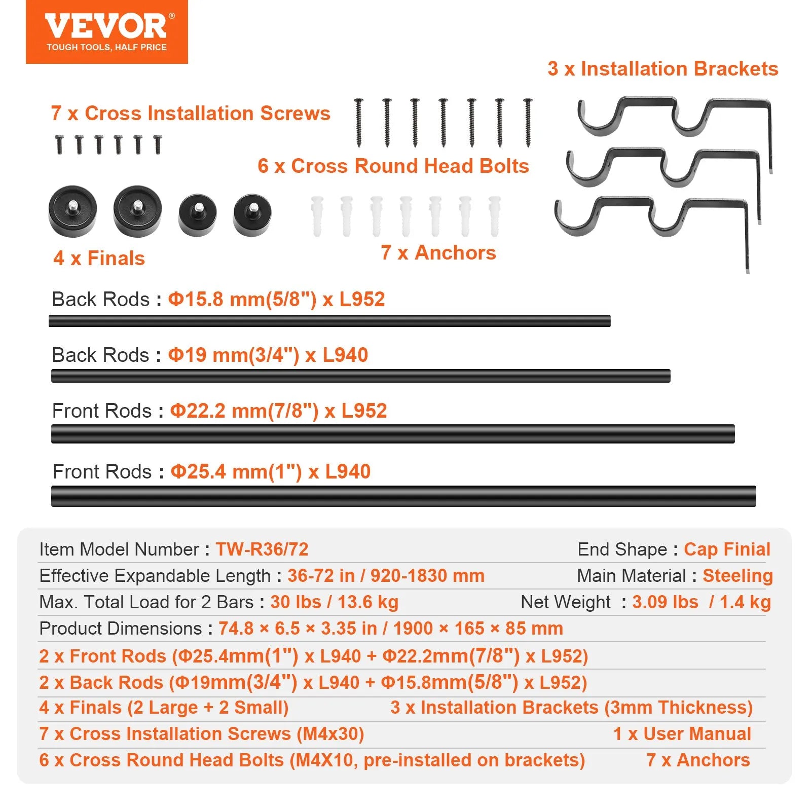 VEVOR Double Rod Curtain Rods, 36-72 inches(3-6ft) Adjustable Length, Black Double Curtain Rods with Cap Finials, 1" and 3/4" Diameter, Double Window Drapery Rod for Sheer and Blackout Curtains
