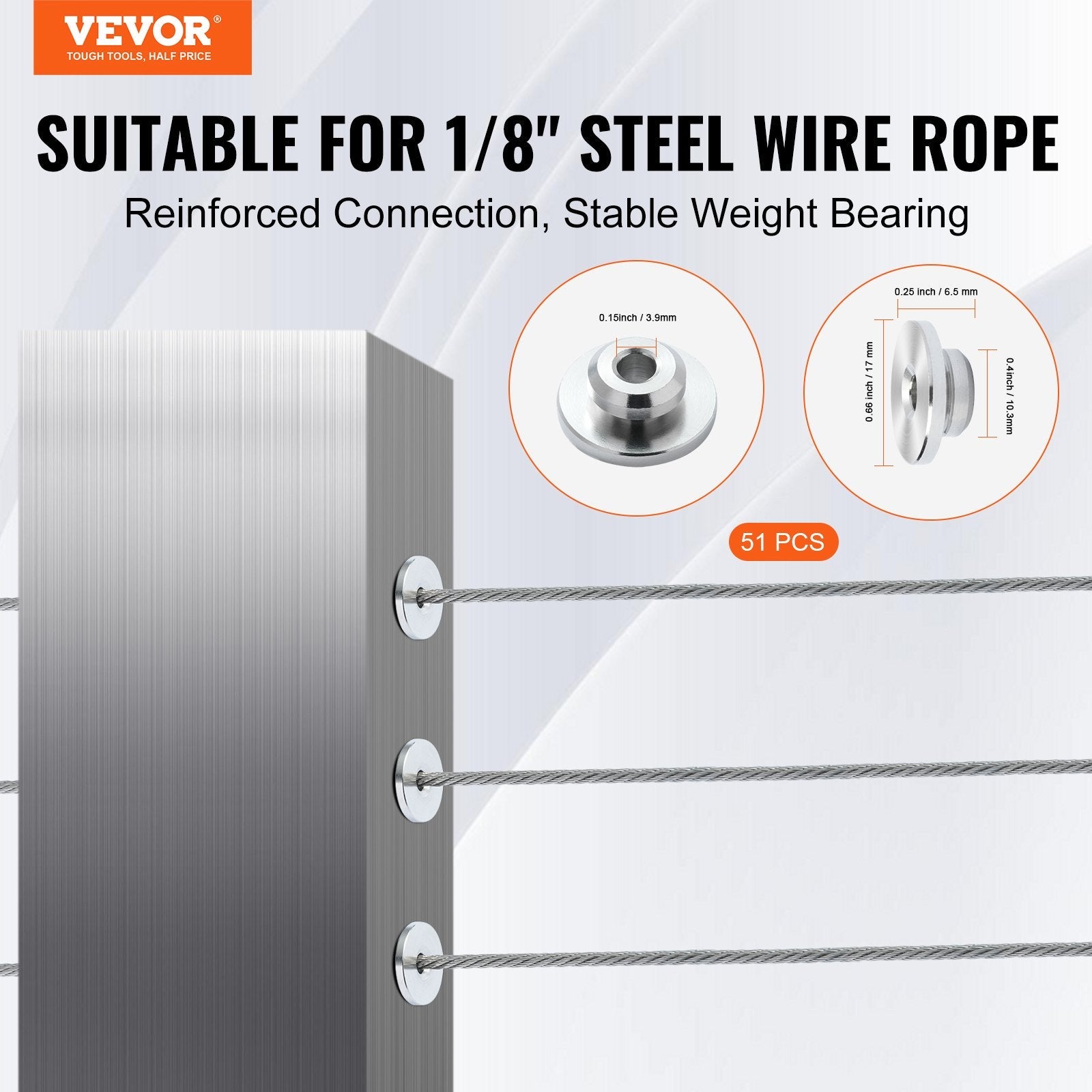 VEVOR 51Pack Cable Railing Kit 1/8" Wheel Protector Sleeves, Bundle with Black Invisible 1/8" Swage Tensioner and Terminal, Cable Railing Post Safeguard Covers for 0.41inch Horizontal Hole Post 