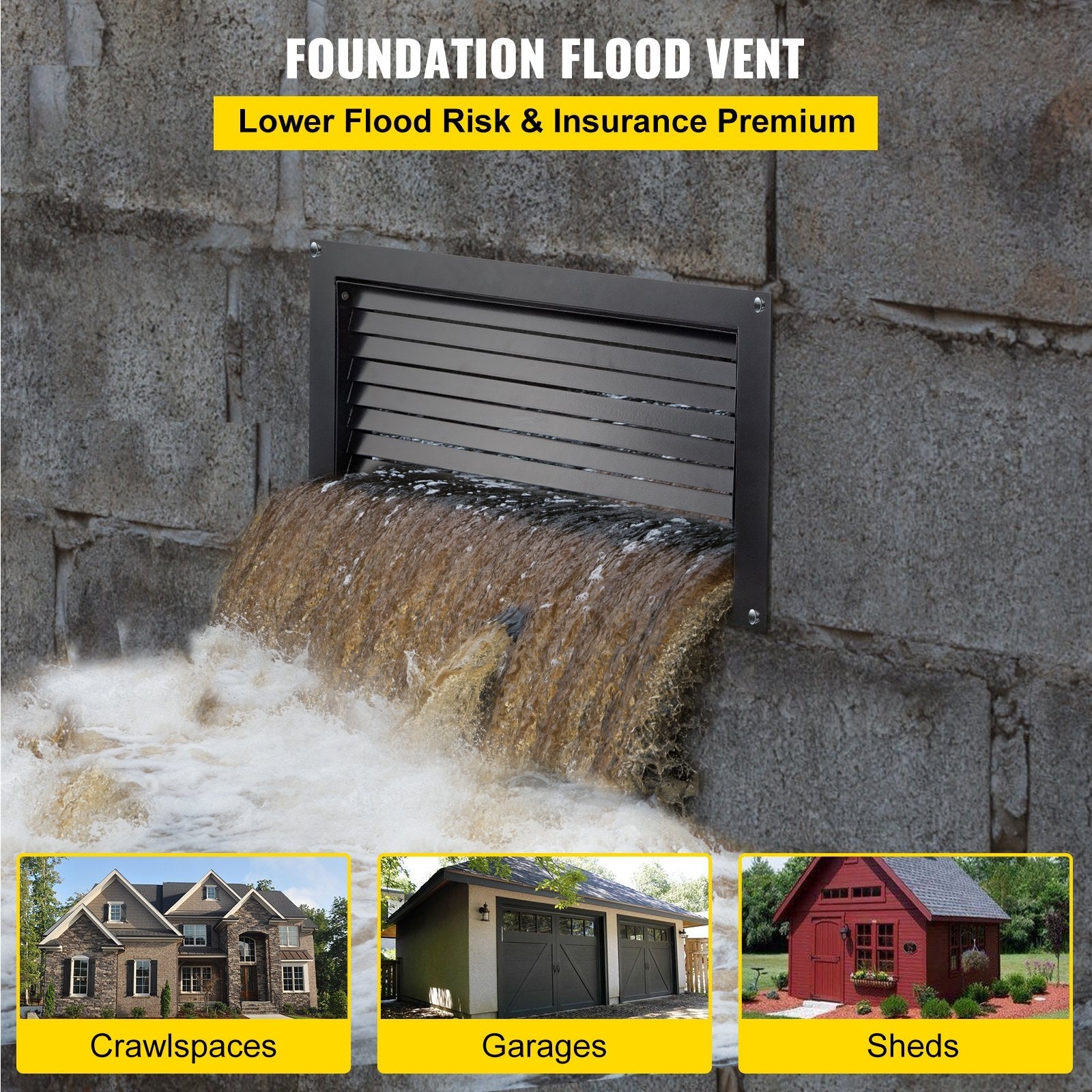 VEVOR Foundation Flood Vent, 8" Height x 16" Width Flood Vent, to Reduce Foundation Damage and Flood Risk, Black, Wall Mounted Flood Vent, for Garages & Full Height Enclosures 