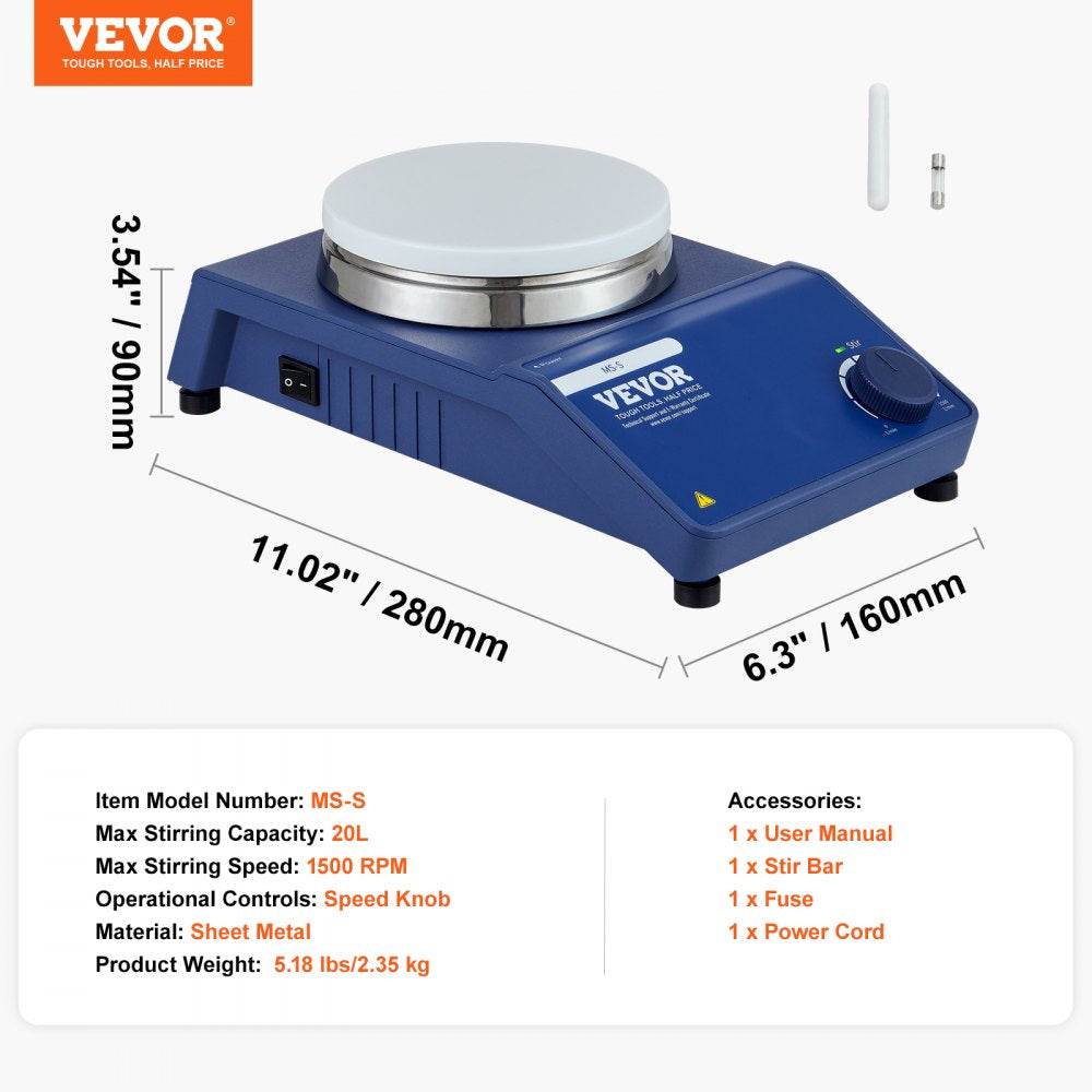 VEVOR Magnetic Stirrer, 0-1500 RPM Stir Plate with Adjustable Speed Knob, 23L Plate Stirrer Kit, Stir Bar Included 