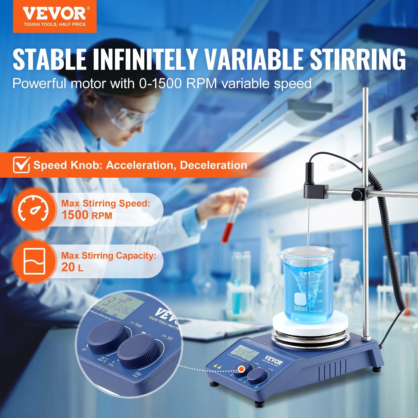 VEVOR Magnetic Stirrer Hot Plate, Max 644°F/340°C, 0-1500 RPM Hot Plate with Magnetic Stirrer, 20L Hot Plate Stirrer with LED Screen, Support Stand and Stir Bars Included, 650W Heating Power 