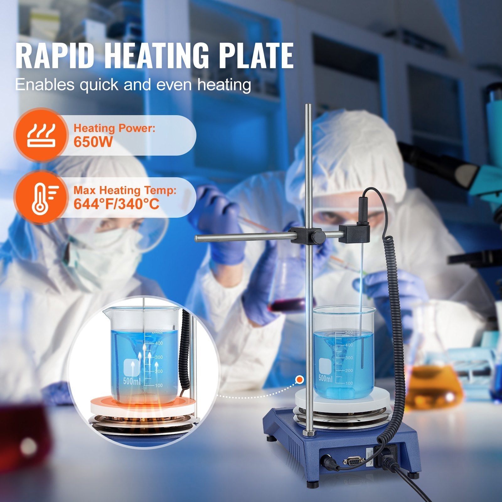 VEVOR Magnetic Stirrer Hot Plate, Max 644°F/340°C, 0-1500 RPM Hot Plate with Magnetic Stirrer, 20L Hot Plate Stirrer with LED Screen, Support Stand and Stir Bars Included, 650W Heating Power 