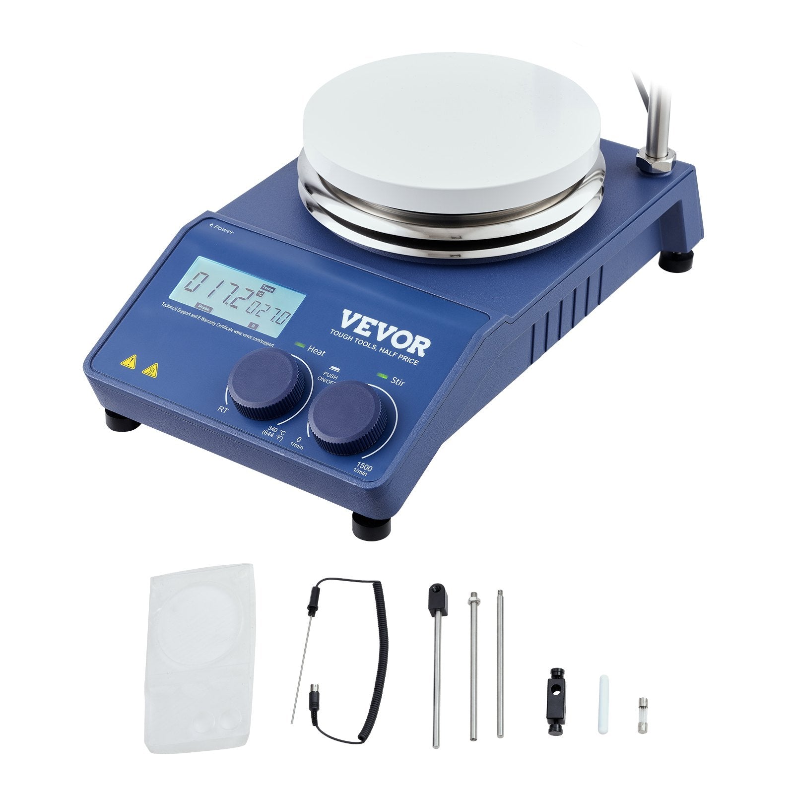 VEVOR Magnetic Stirrer Hot Plate, Max 644°F/340°C, 0-1500 RPM Hot Plate with Magnetic Stirrer, 20L Hot Plate Stirrer with LED Screen, Support Stand and Stir Bars Included, 650W Heating Power 