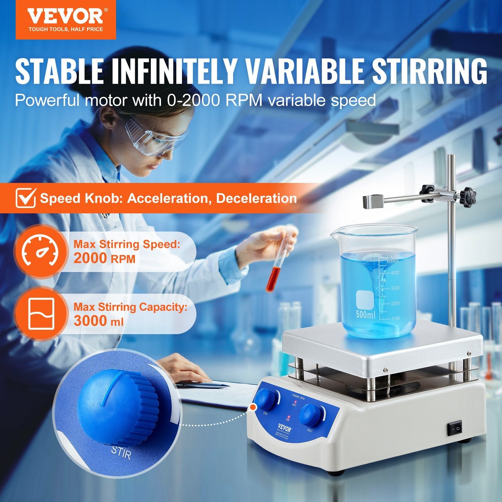 VEVOR Magnetic Stirrer Hot Plate, Max 716°F/380°C, 0-2000 RPM Hot Plate with Magnetic Stirrer, 3000mL Hot Plate Stirrer, Support Stand and Stir Bars Included, 500W Heating Power 