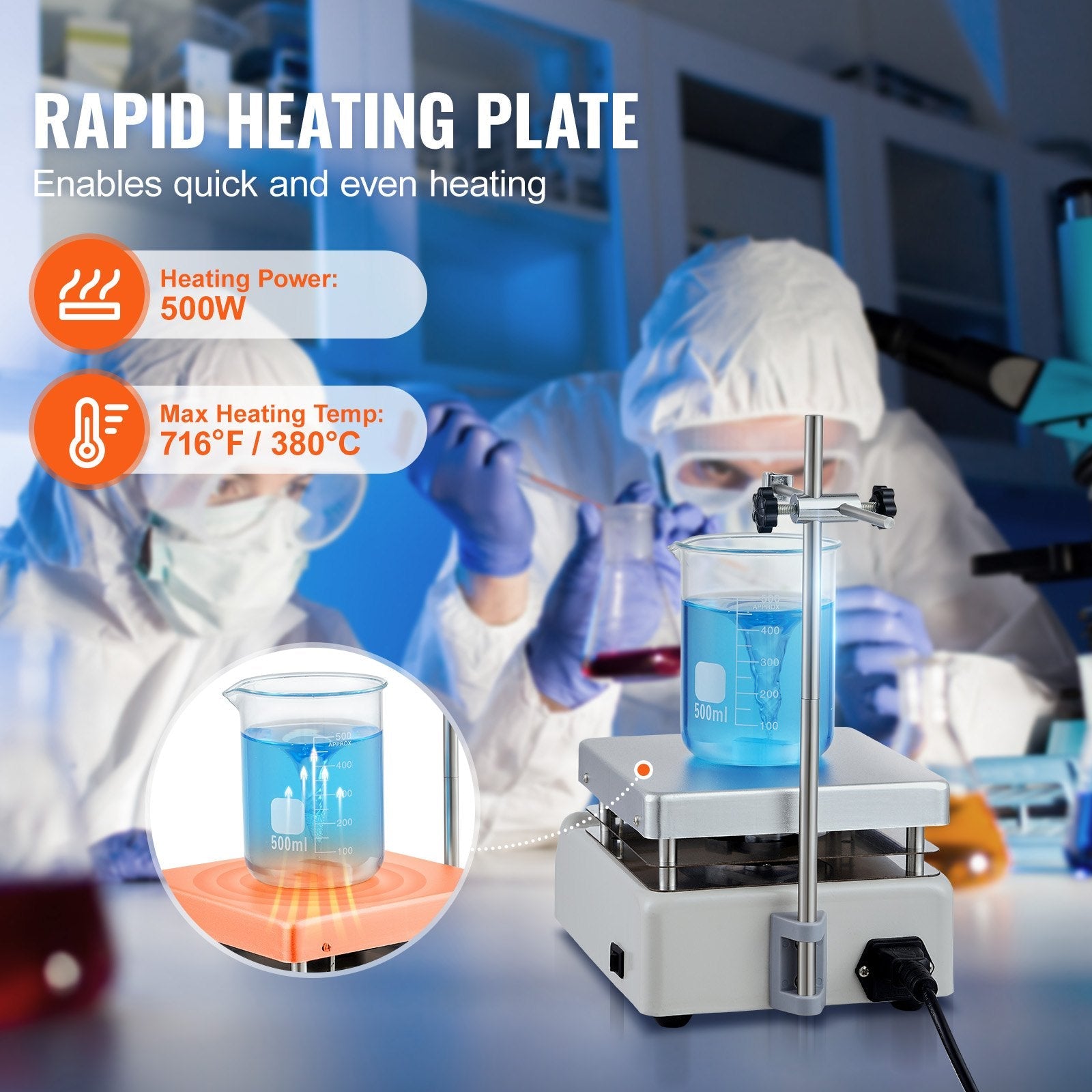 VEVOR Magnetic Stirrer Hot Plate, Max 716°F/380°C, 0-2000 RPM Hot Plate with Magnetic Stirrer, 3000mL Hot Plate Stirrer, Support Stand and Stir Bars Included, 500W Heating Power 