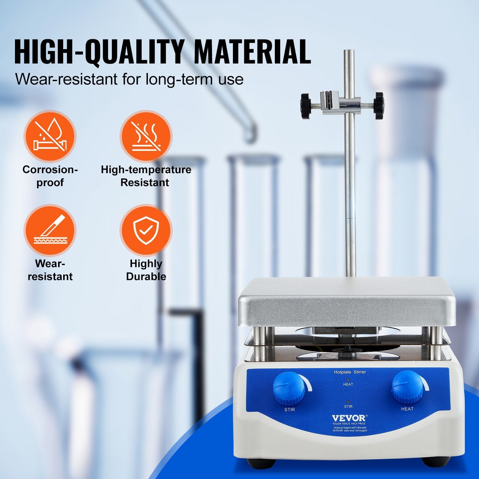 VEVOR Magnetic Stirrer Hot Plate, Max 716°F/380°C, 0-2000 RPM Hot Plate with Magnetic Stirrer, 3000mL Hot Plate Stirrer, Support Stand and Stir Bars Included, 500W Heating Power 