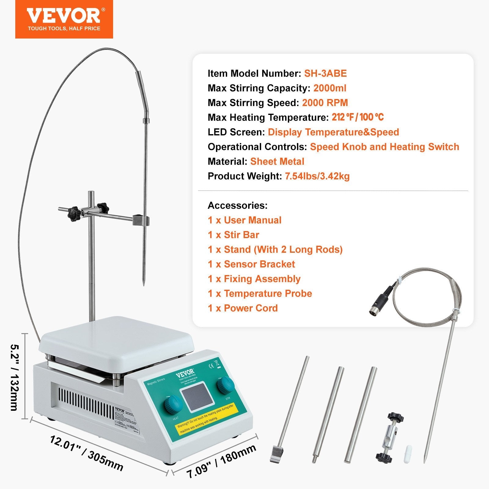 VEVOR Magnetic Stirrer Hot Plate, Max 572°F/300°C, 0-2000 RPM Hot Plate with Magnetic Stirrer, 2000mL Hot Plate Stirrer with LED Screen, Support Stand and Stir Bars Included, 500W Heating Power 