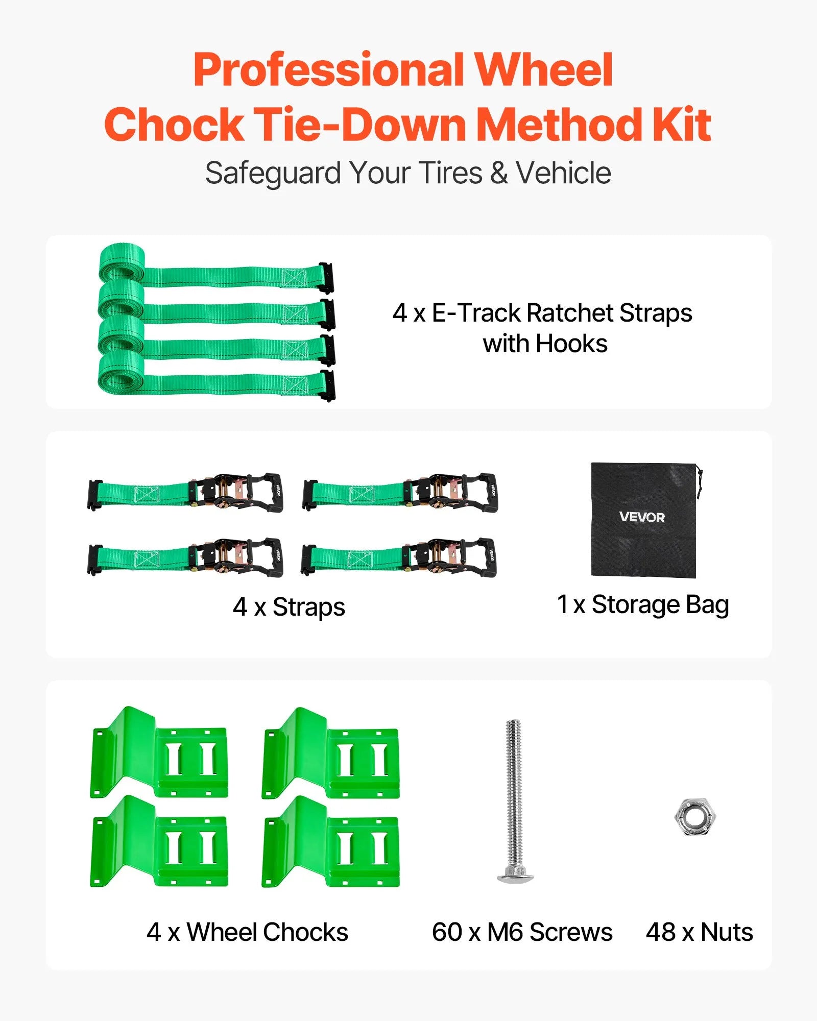 VEVOR Wheel Chock Tie-Down Kit, Chock-Style Trailer Tie Down Strap, Car Tie Down Kit with Buckle, Break Strength 4380 lbs & Working Load 1460 lbs Motorcycle Tie-Down System E-Hooks for ATVs, UTVs 