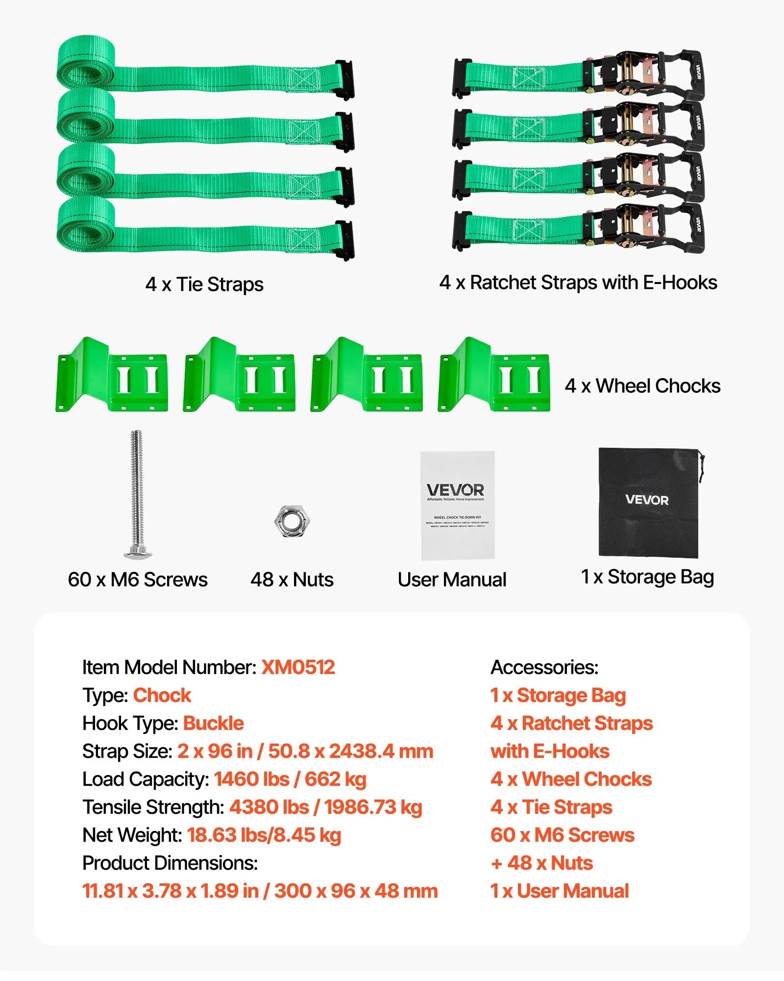VEVOR Wheel Chock Tie-Down Kit, Chock-Style Trailer Tie Down Strap, Car Tie Down Kit with Buckle, Break Strength 4380 lbs & Working Load 1460 lbs Motorcycle Tie-Down System E-Hooks for ATVs, UTVs 