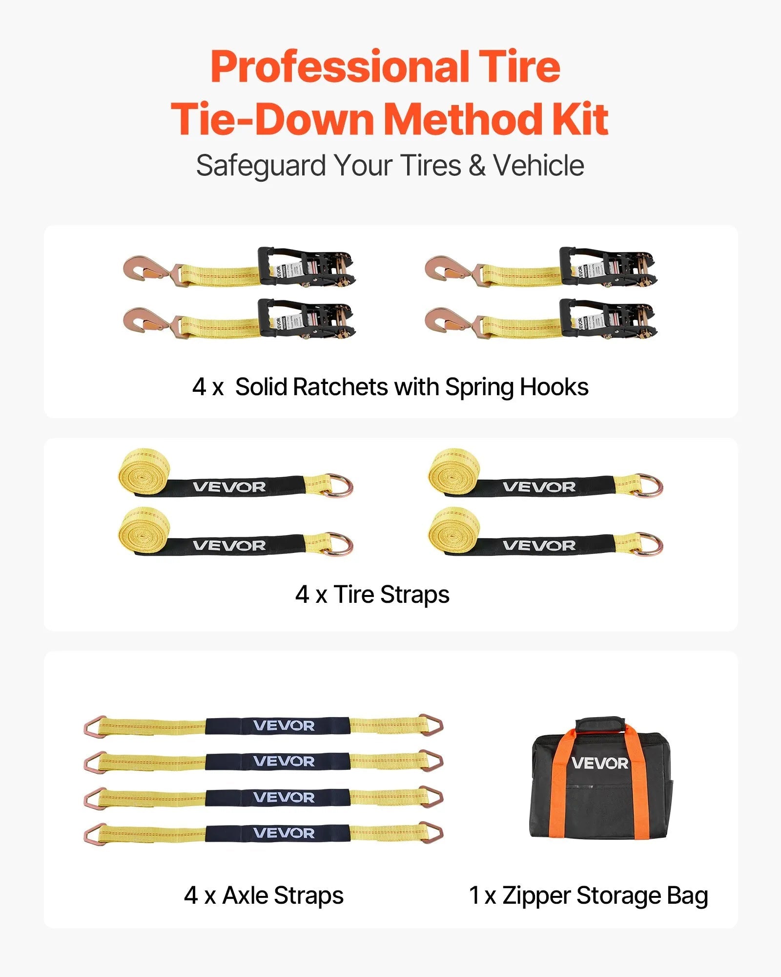 VEVOR Wheel Chock Tie-Down Kit, Tire-Style Trailer Tie Down Strap, Car Tie Down Kit with Spring Hook, Break Strength 10009 lbs & Working Load 3333 lbs Motorcycle Tie-Down System for ATV, SUV, Trailer 