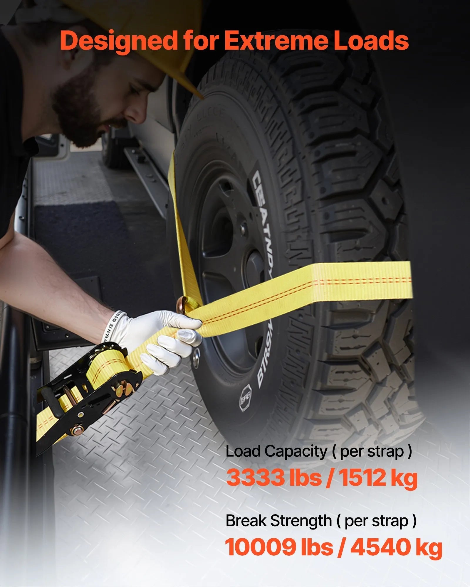 VEVOR Wheel Chock Tie-Down Kit, Tire-Style Trailer Tie Down Strap, Car Tie Down Kit with Spring Hook, Break Strength 10009 lbs & Working Load 3333 lbs Motorcycle Tie-Down System for ATV, SUV, Trailer 