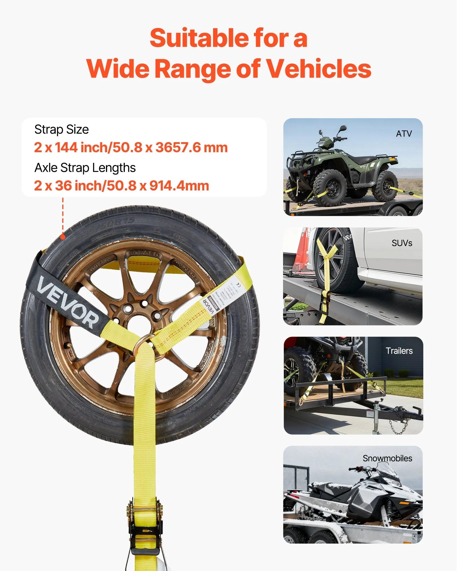 VEVOR Wheel Chock Tie-Down Kit, Tire-Style Trailer Tie Down Strap, Car Tie Down Kit with Spring Hook, Break Strength 10009 lbs & Working Load 3333 lbs Motorcycle Tie-Down System for ATV, SUV, Trailer 