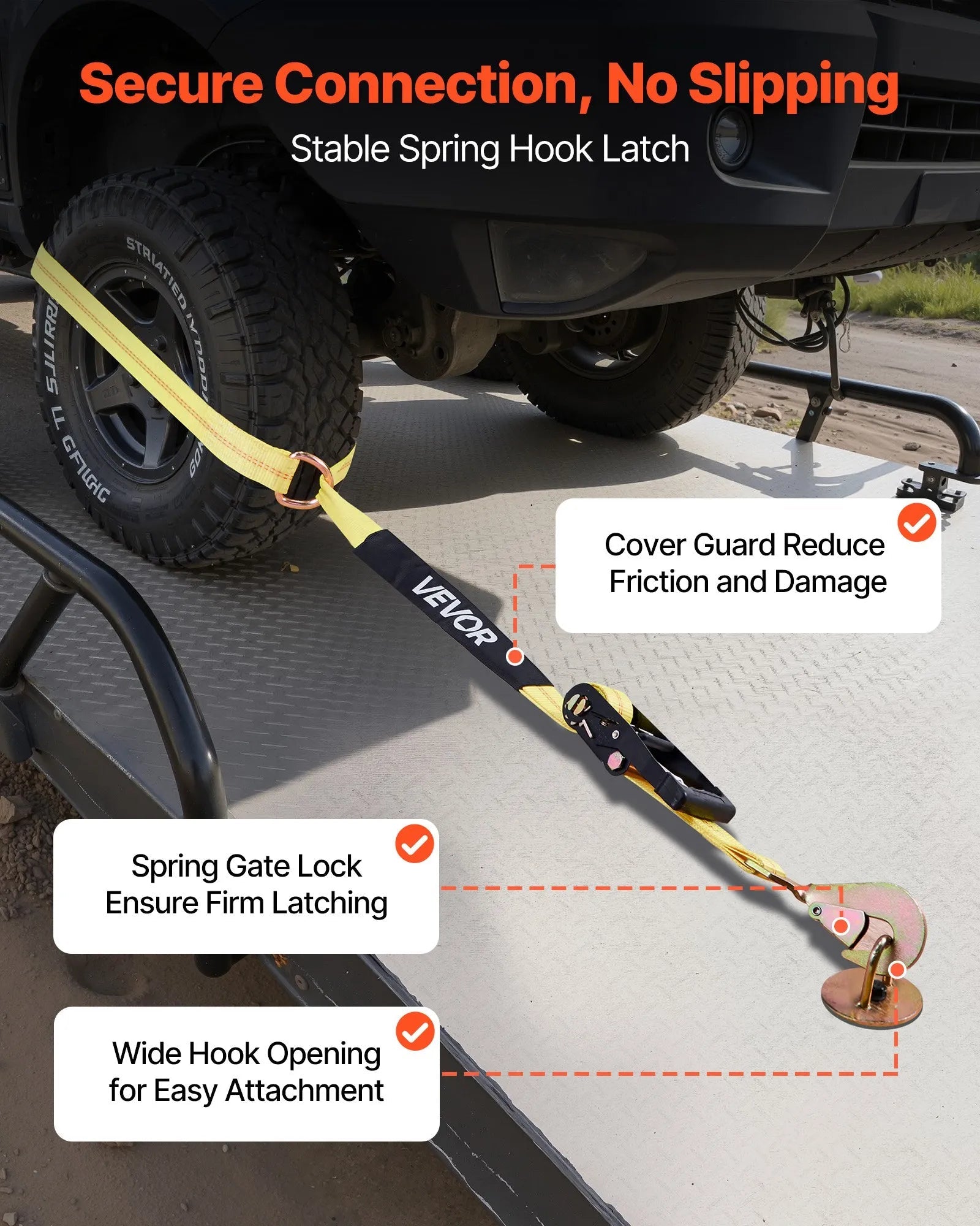 VEVOR Wheel Chock Tie-Down Kit, Tire-Style Trailer Tie Down Strap, Car Tie Down Kit with Spring Hook, Break Strength 10009 lbs & Working Load 3333 lbs Motorcycle Tie-Down System for ATV, SUV, Trailer 