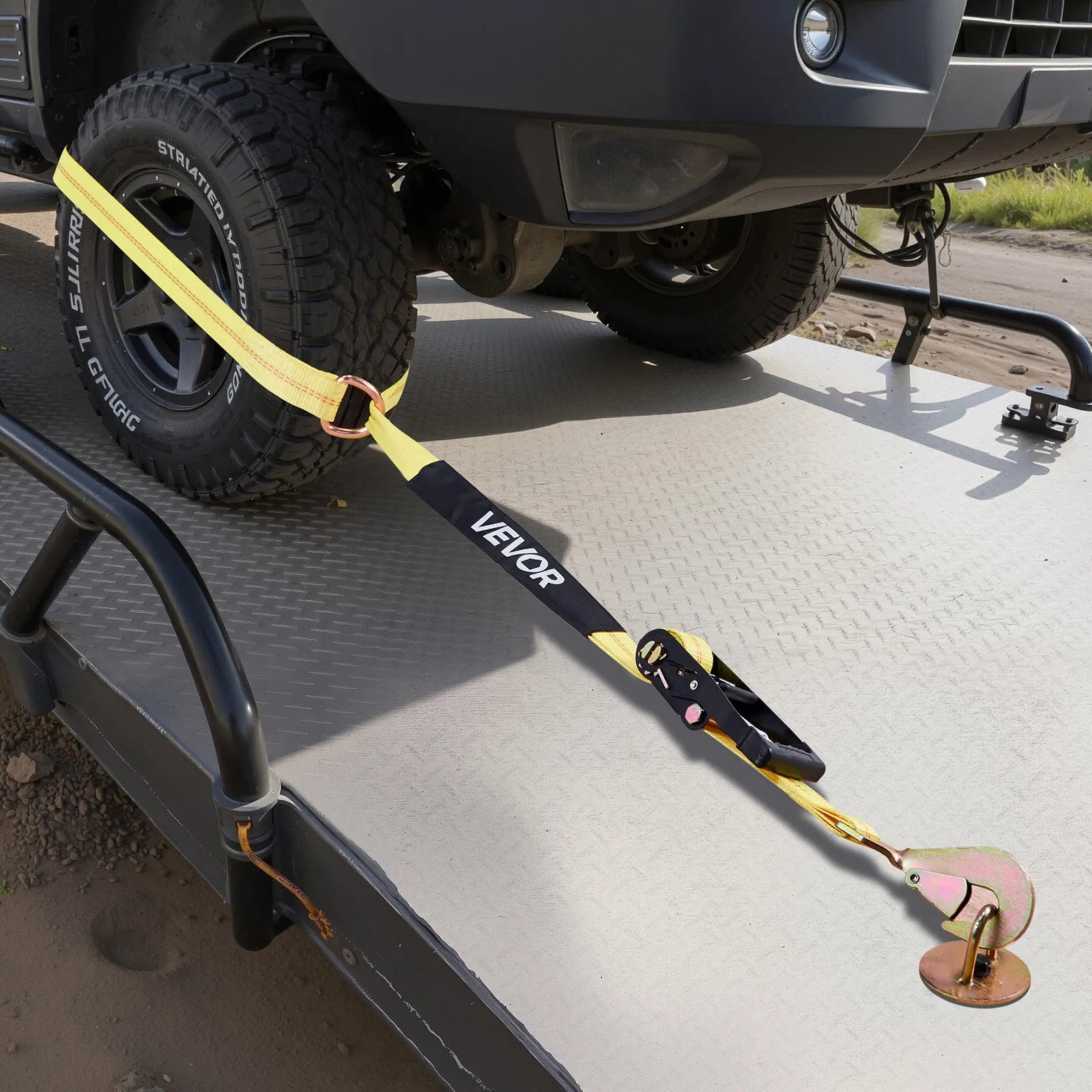 VEVOR Wheel Chock Tie-Down Kit, Tire-Style Trailer Tie Down Strap, Car Tie Down Kit with Spring Hook, Break Strength 10009 lbs & Working Load 3333 lbs Motorcycle Tie-Down System for ATV, SUV, Trailer 