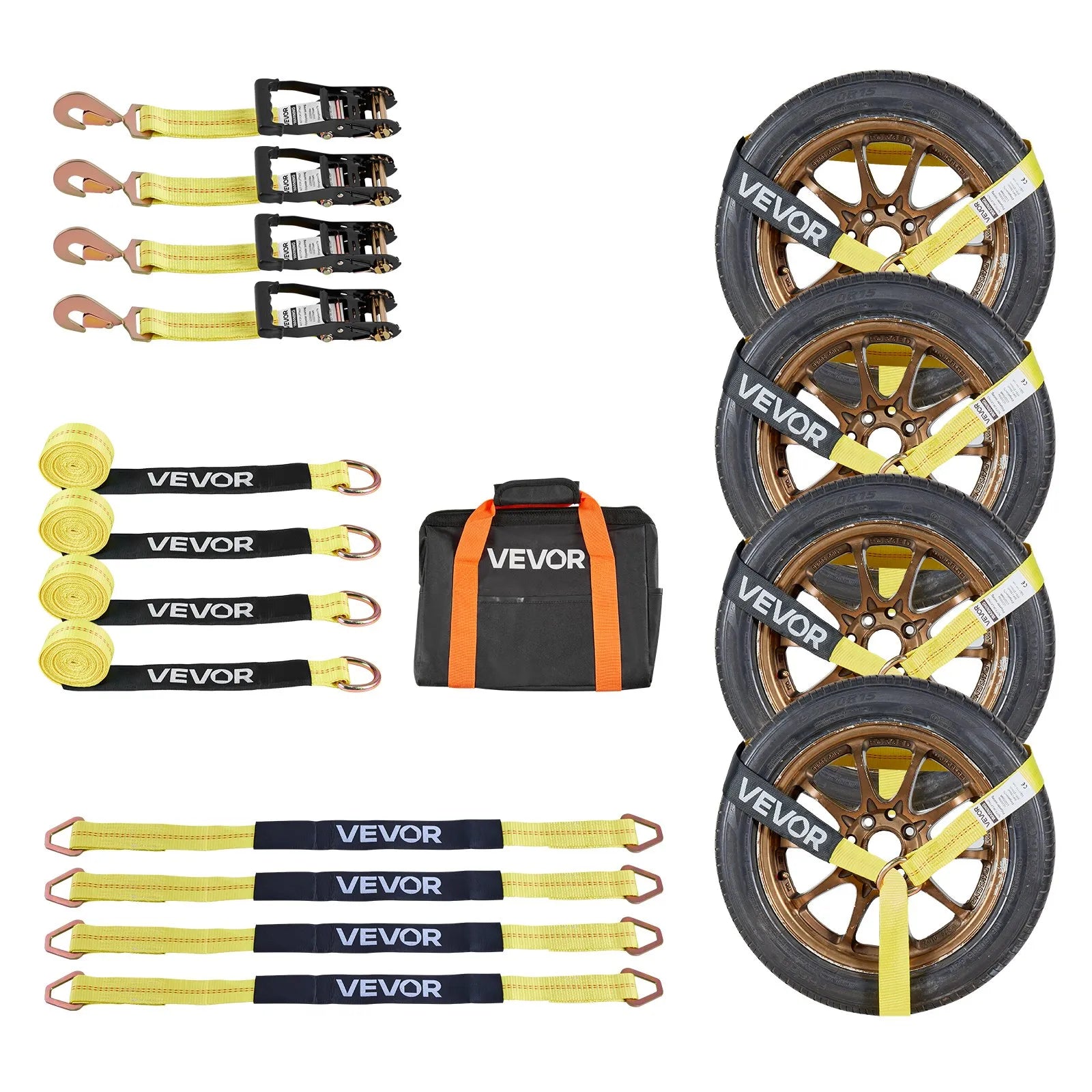 VEVOR Wheel Chock Tie-Down Kit, Tire-Style Trailer Tie Down Strap, Car Tie Down Kit with Spring Hook, Break Strength 10009 lbs & Working Load 3333 lbs Motorcycle Tie-Down System for ATV, SUV, Trailer 