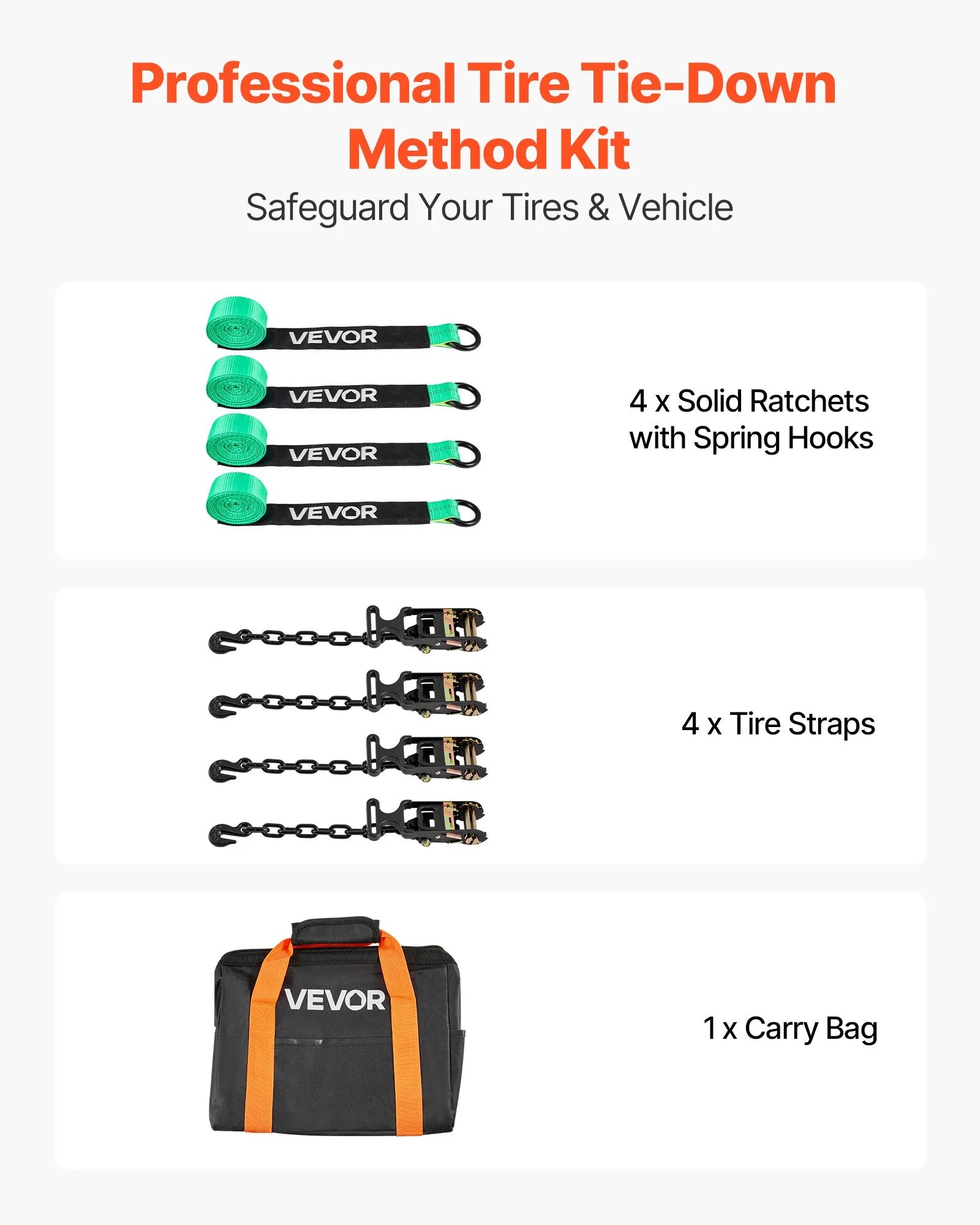 VEVOR Wheel Chock Tie-Down Kit, Tire-Style Tow Dolly Strap, Car Tie Down Kit with Heavy-Duty Hook, Break Strength 10009 lbs & Working Load 3333 lbs Motorcycle Tie-Down System with O-Ring for ATV, SUV 