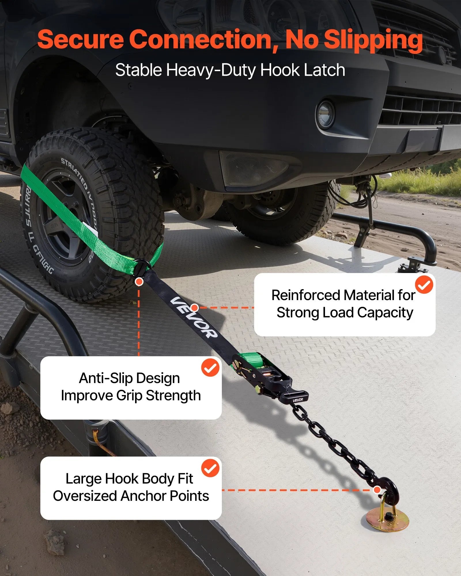VEVOR Wheel Chock Tie-Down Kit, Tire-Style Tow Dolly Strap, Car Tie Down Kit with Heavy-Duty Hook, Break Strength 10009 lbs & Working Load 3333 lbs Motorcycle Tie-Down System with O-Ring for ATV, SUV 