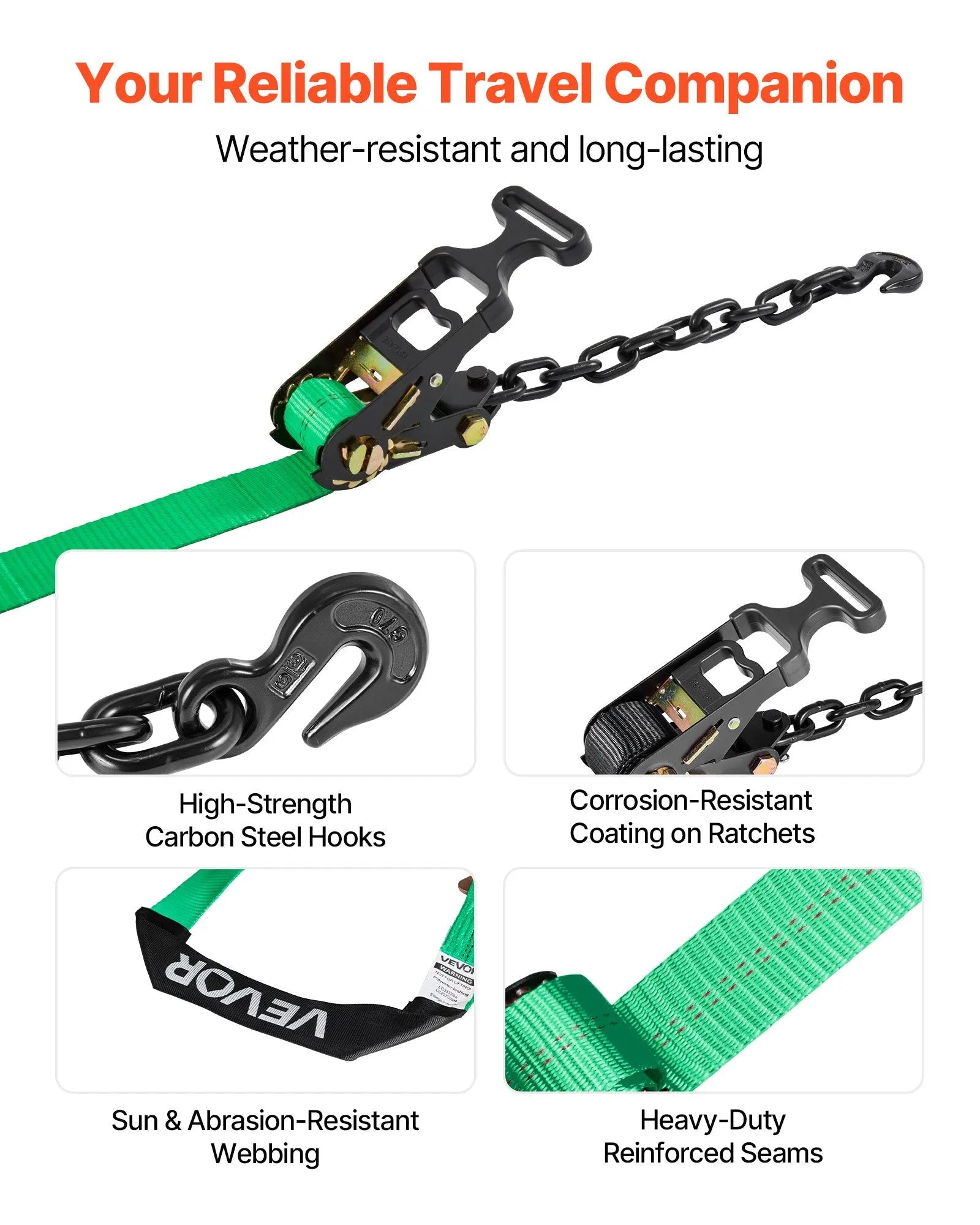 VEVOR Wheel Chock Tie-Down Kit, Tire-Style Tow Dolly Strap, Car Tie Down Kit with Heavy-Duty Hook, Break Strength 10009 lbs & Working Load 3333 lbs Motorcycle Tie-Down System with O-Ring for ATV, SUV 