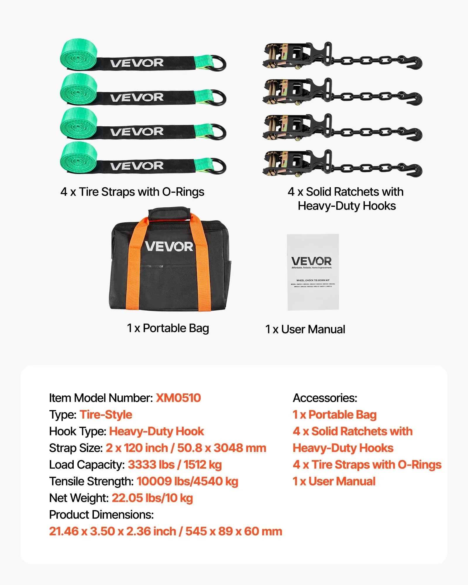 VEVOR Wheel Chock Tie-Down Kit, Tire-Style Tow Dolly Strap, Car Tie Down Kit with Heavy-Duty Hook, Break Strength 10009 lbs & Working Load 3333 lbs Motorcycle Tie-Down System with O-Ring for ATV, SUV 
