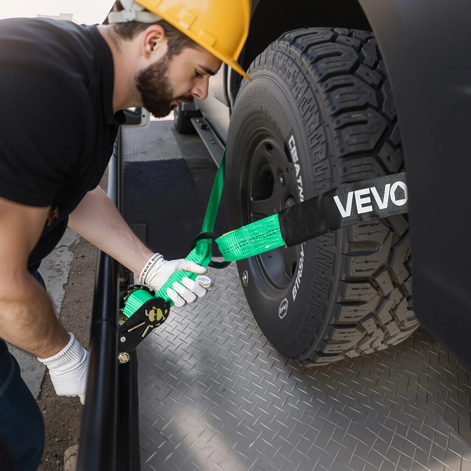 VEVOR Wheel Chock Tie-Down Kit, Tire-Style Tow Dolly Strap, Car Tie Down Kit with Heavy-Duty Hook, Break Strength 10009 lbs & Working Load 3333 lbs Motorcycle Tie-Down System with O-Ring for ATV, SUV 