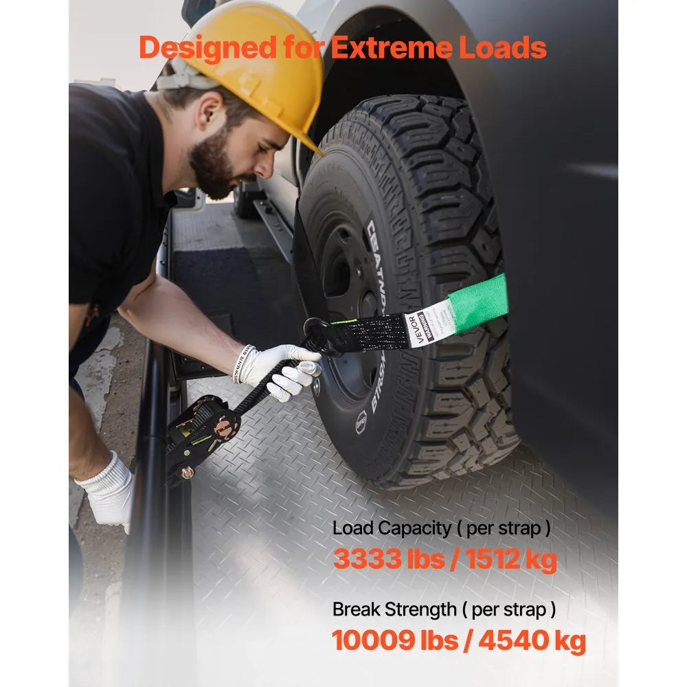 Heavy-Duty Wheel Chock Tie-Down Kit with Tire Straps & Ratchets, 10,009 lb Break Strength